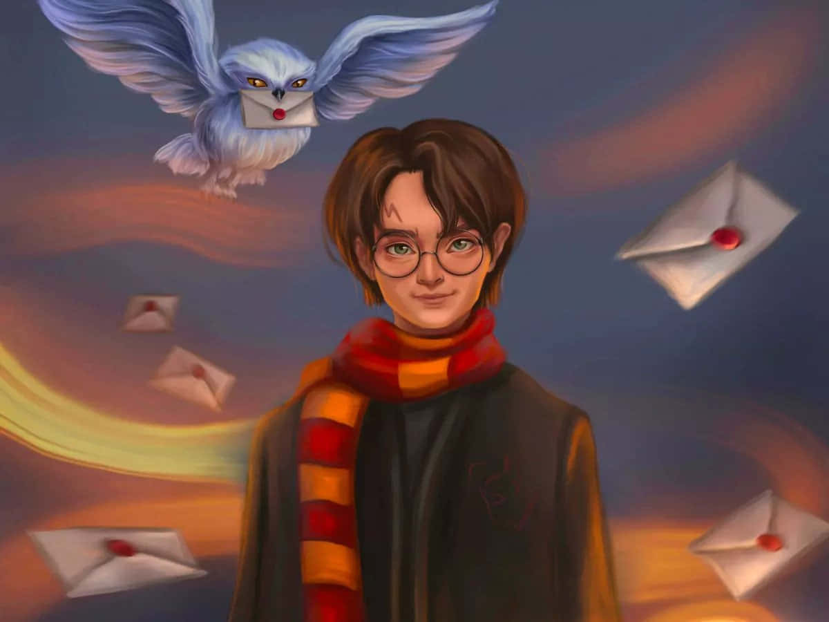 Harry Potter Profile 桌布 壁紙 — 一位戴眼鏡和條紋圍巾的年輕巫師微笑著，一隻雪鴞在旋轉的暮色天空中遞送信件。