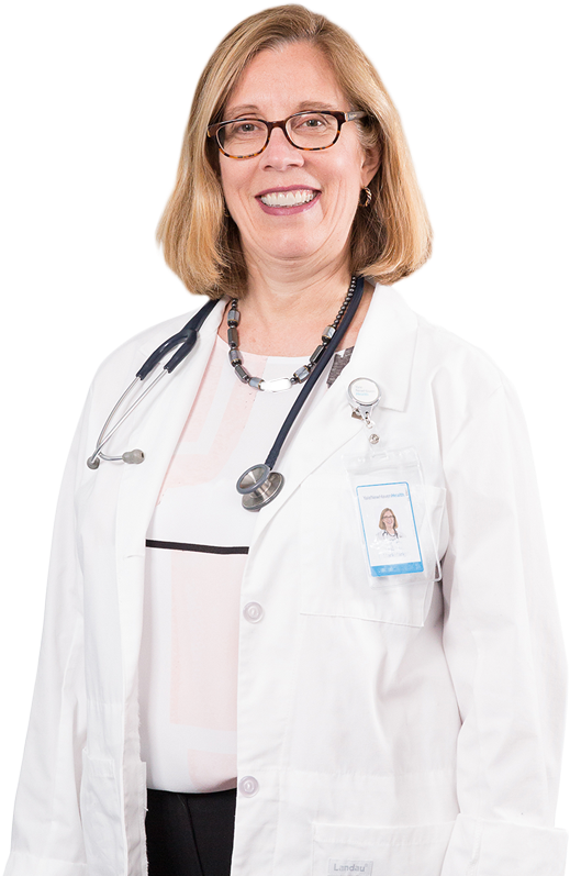 Physician 桌布 壁紙 — 一位戴眼鏡和聽診器的微笑女醫生，穿著白色實驗室外套，背景為黑色。