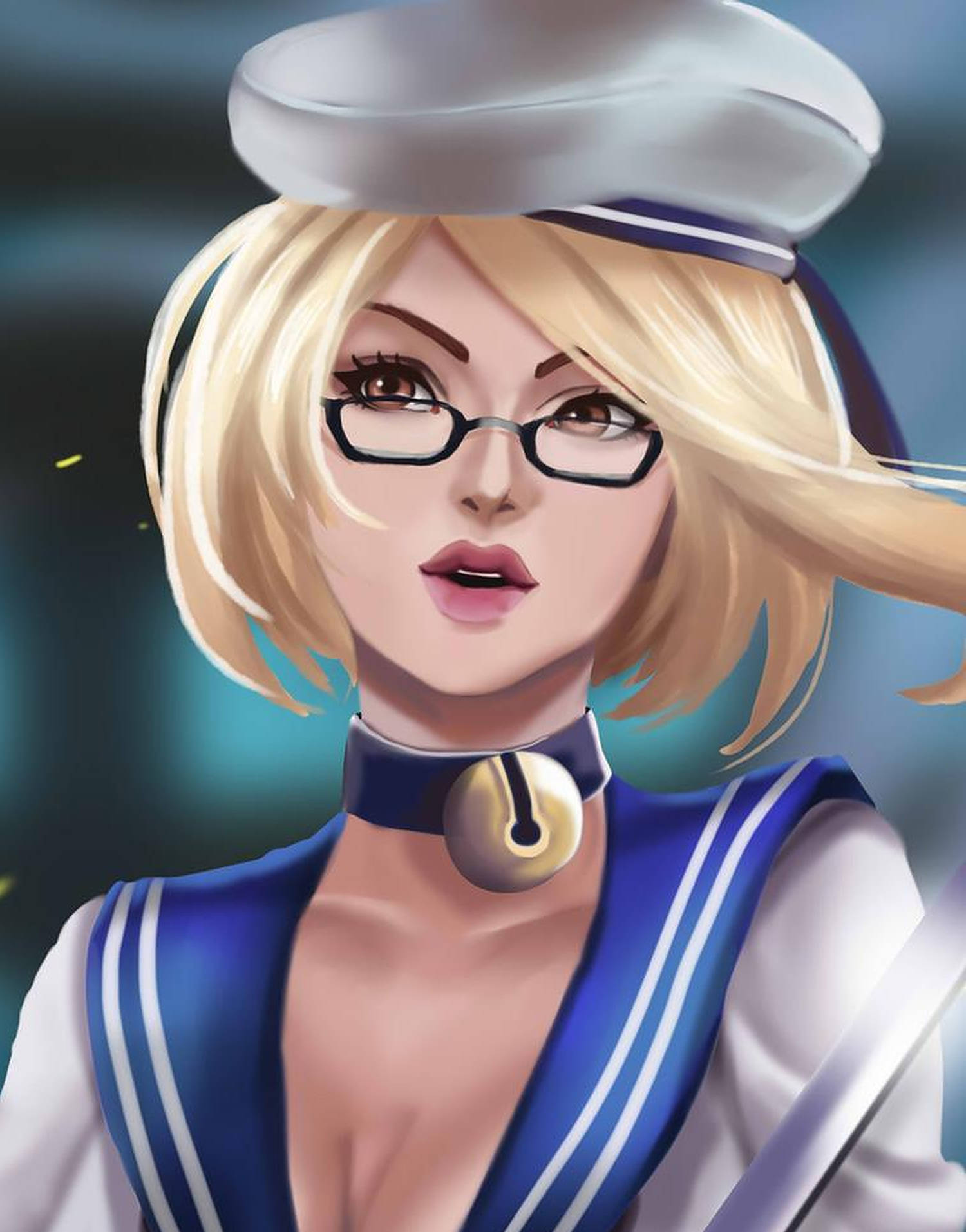 Mobile Legends 動態圖 桌布 壁紙 — 一位戴眼鏡和鈴鐺頸飾的金髮動漫少女穿著水手服，頭髮隨風飄揚，凝視前方。