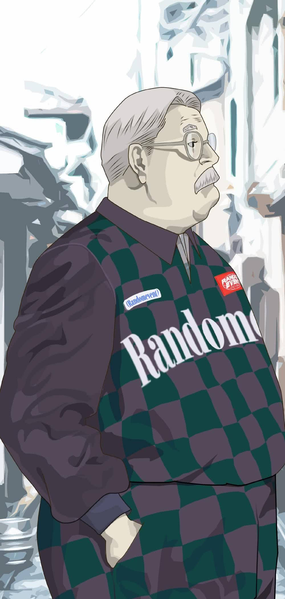 Slam 桌布 壁紙 — 一位戴眼鏡和鬍子的老人，穿著格紋 'Random' 外套，背景是風格化的城市景觀。
