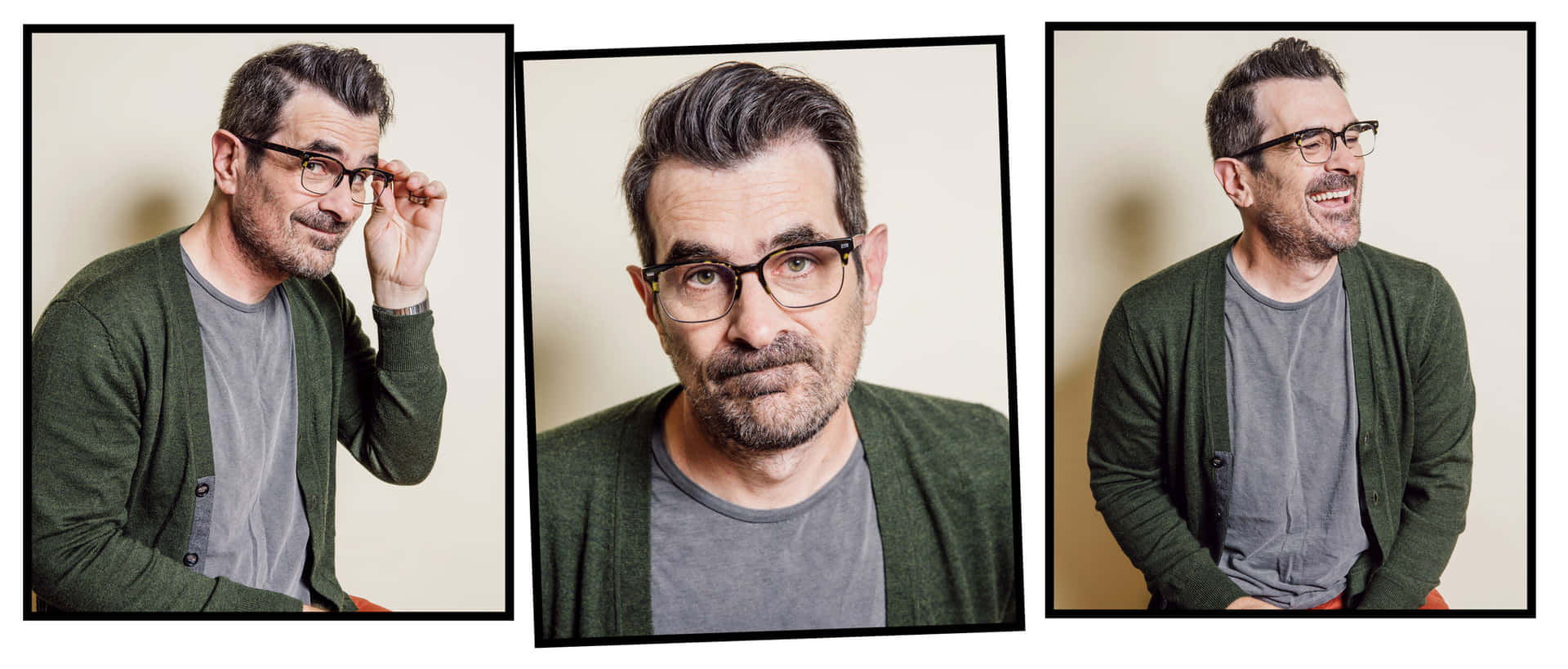 Ty Burrell 桌布 壁紙 — 一位戴眼鏡留鬍鬚的男士，在純米色背景前擺出三個充滿表情的姿勢。