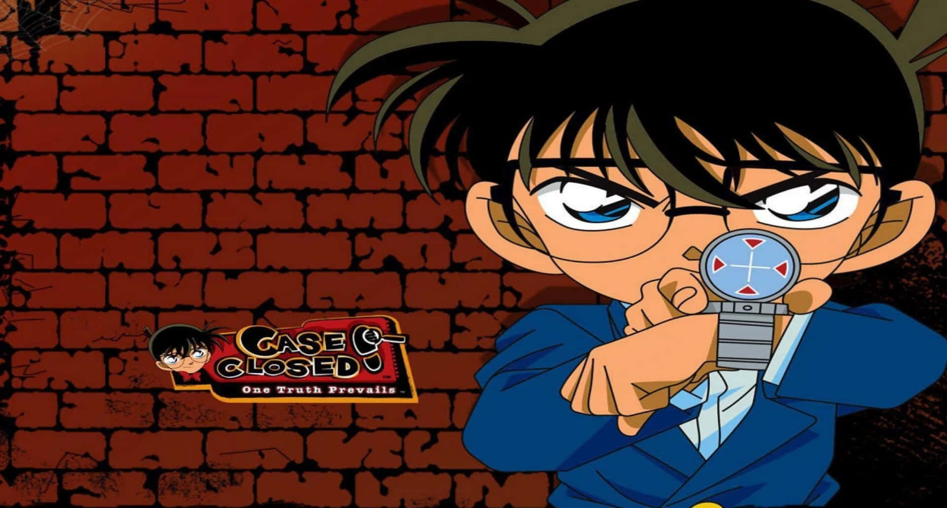 Detective Conan 桌布 壁紙 — 一位戴眼鏡的堅定動畫偵探，在破裂的磚牆背景下拿著放大鏡。