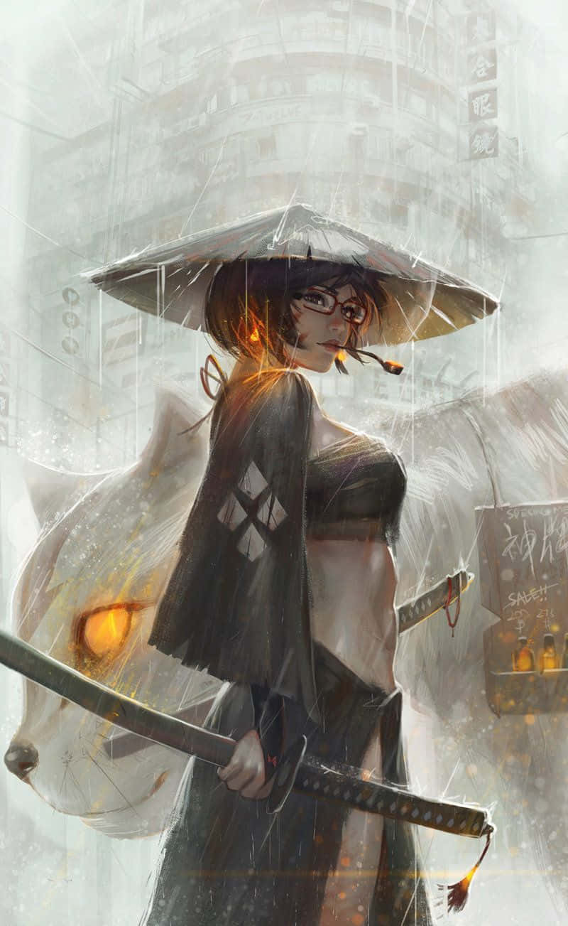 Woman 桌布 壁紙 — 一位戴眼鏡的女武士在雨中的霓虹城市景觀中，在寬邊傘下握著一把刀。