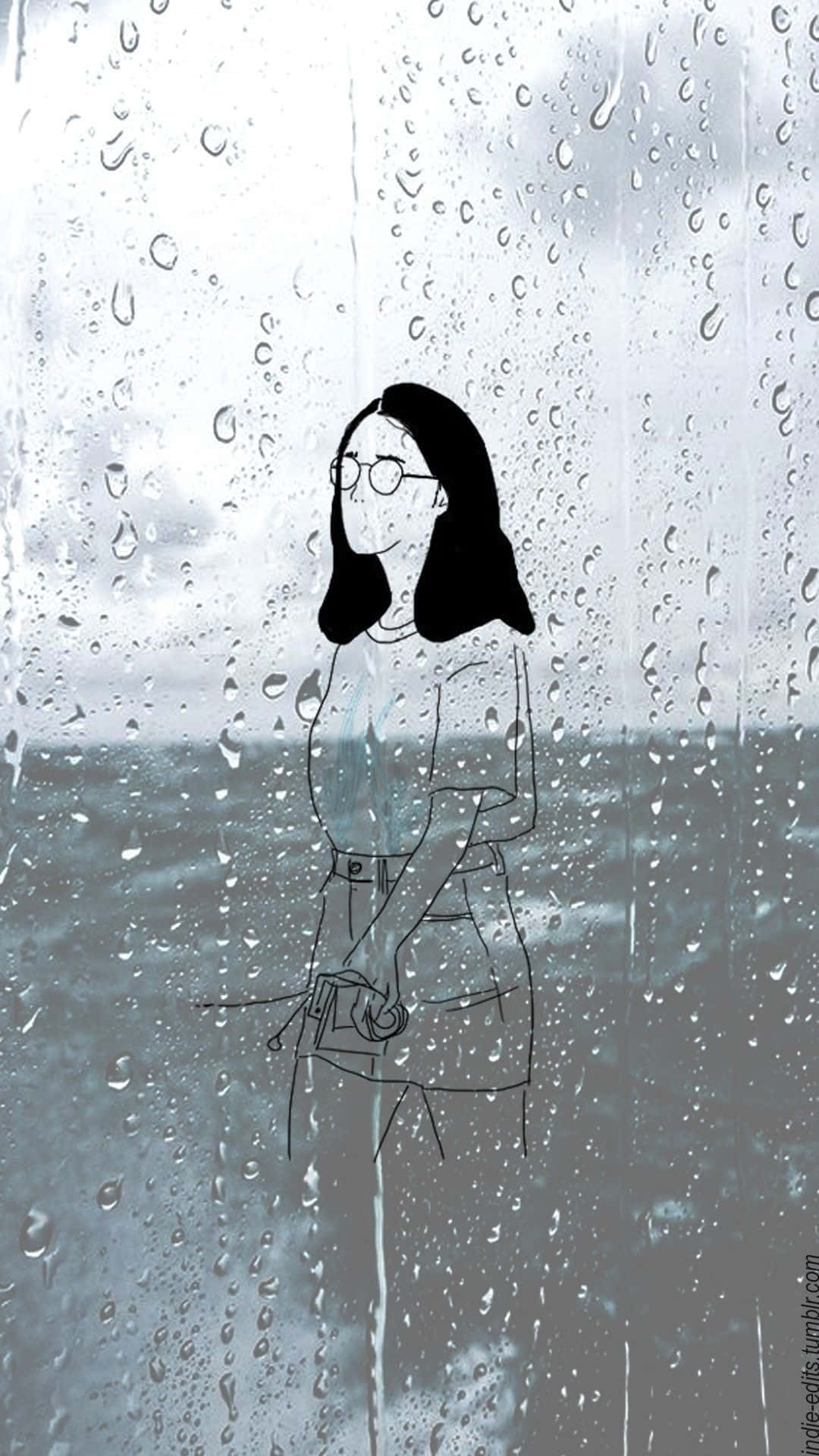獨立 桌布 壁紙 — 一位戴眼鏡的孤獨女子站在雨痕斑斑的窗邊，眺望陰天下灰色的海。