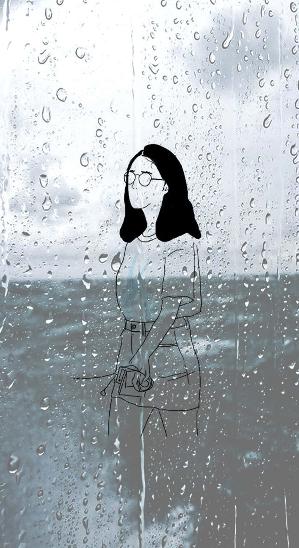 油漬搖滾 桌布 壁紙 — 一位戴眼鏡的孤獨女性站在雨痕斑斑的窗邊，凝視著陰天下的灰色海洋。