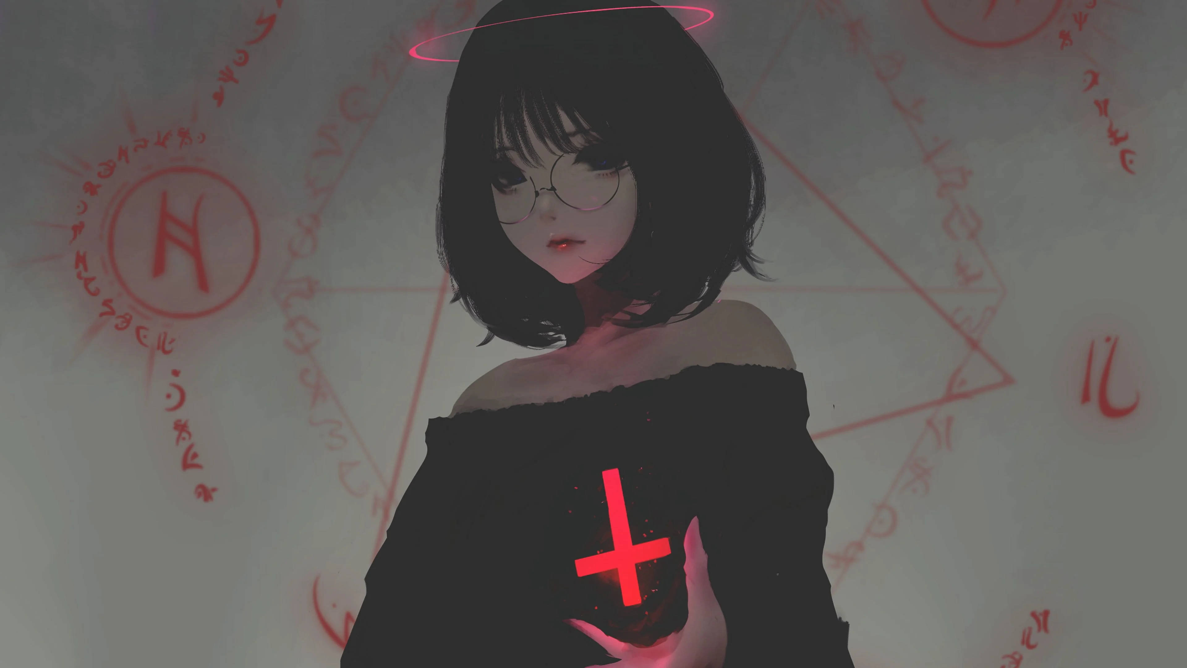 emo 頭像 桌布 壁紙 — 一位戴眼鏡的年輕動漫女孩，頭頂光環，手持發光的紅色十字架，背景是神秘的紅色符號。