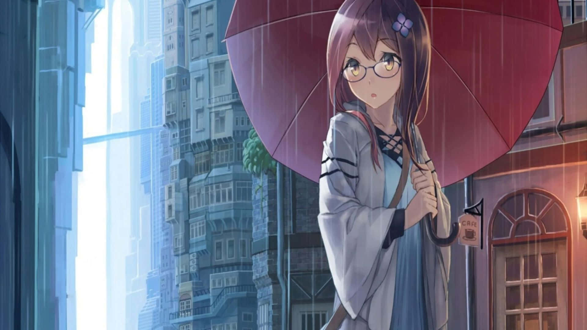 女孩 桌布 壁紙 — 一位戴眼鏡的年輕動漫女孩在雨中撐著紅色雨傘，背景是高聳的城市景觀和發光的窗戶。