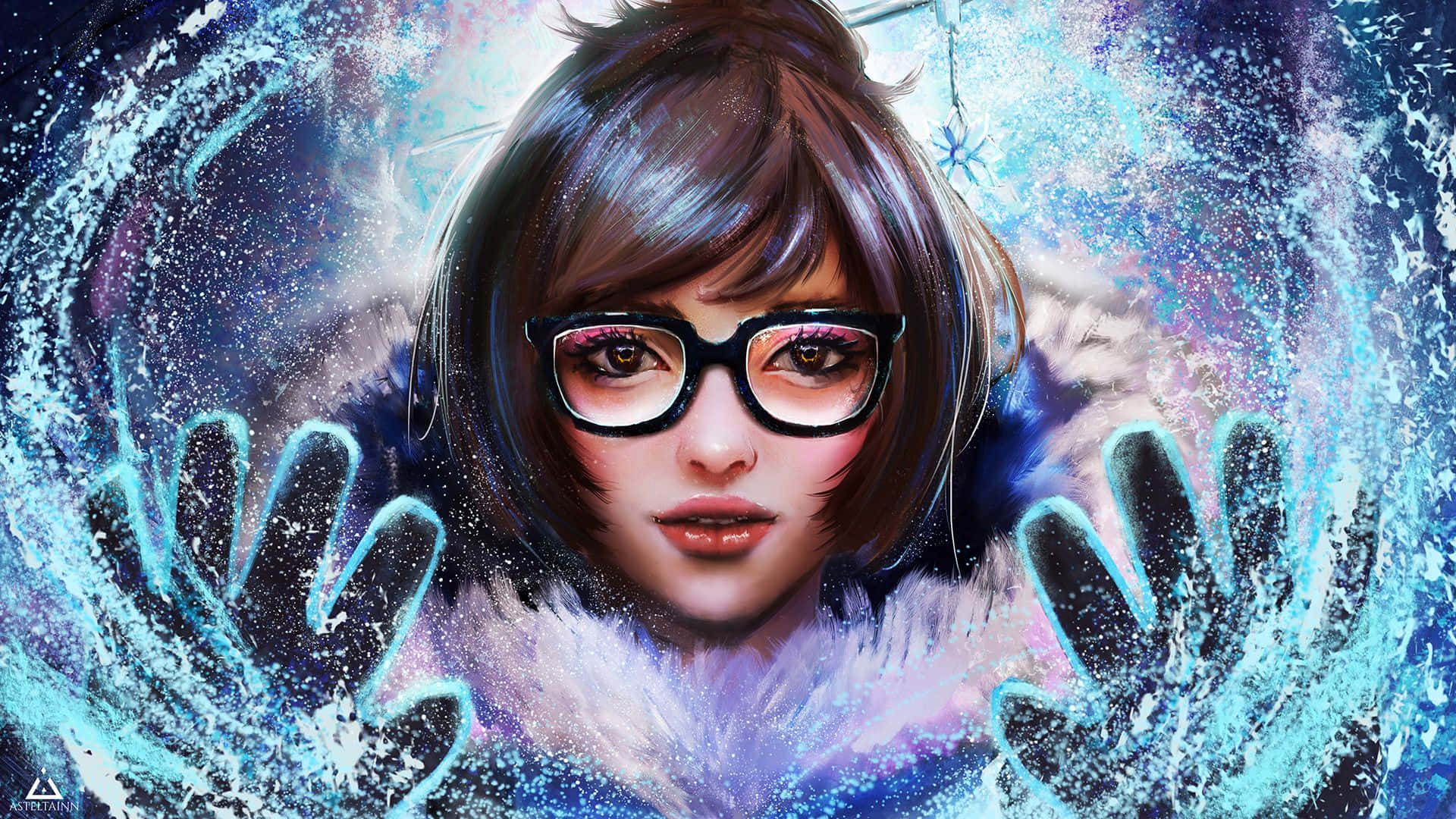 Overwatch Mei 桌布 壁紙 — 一位戴眼鏡的年輕女子將戴著手套的手按在旋轉的冰窗上，周圍環繞著鮮豔的藍色和紫色霜花圖案。