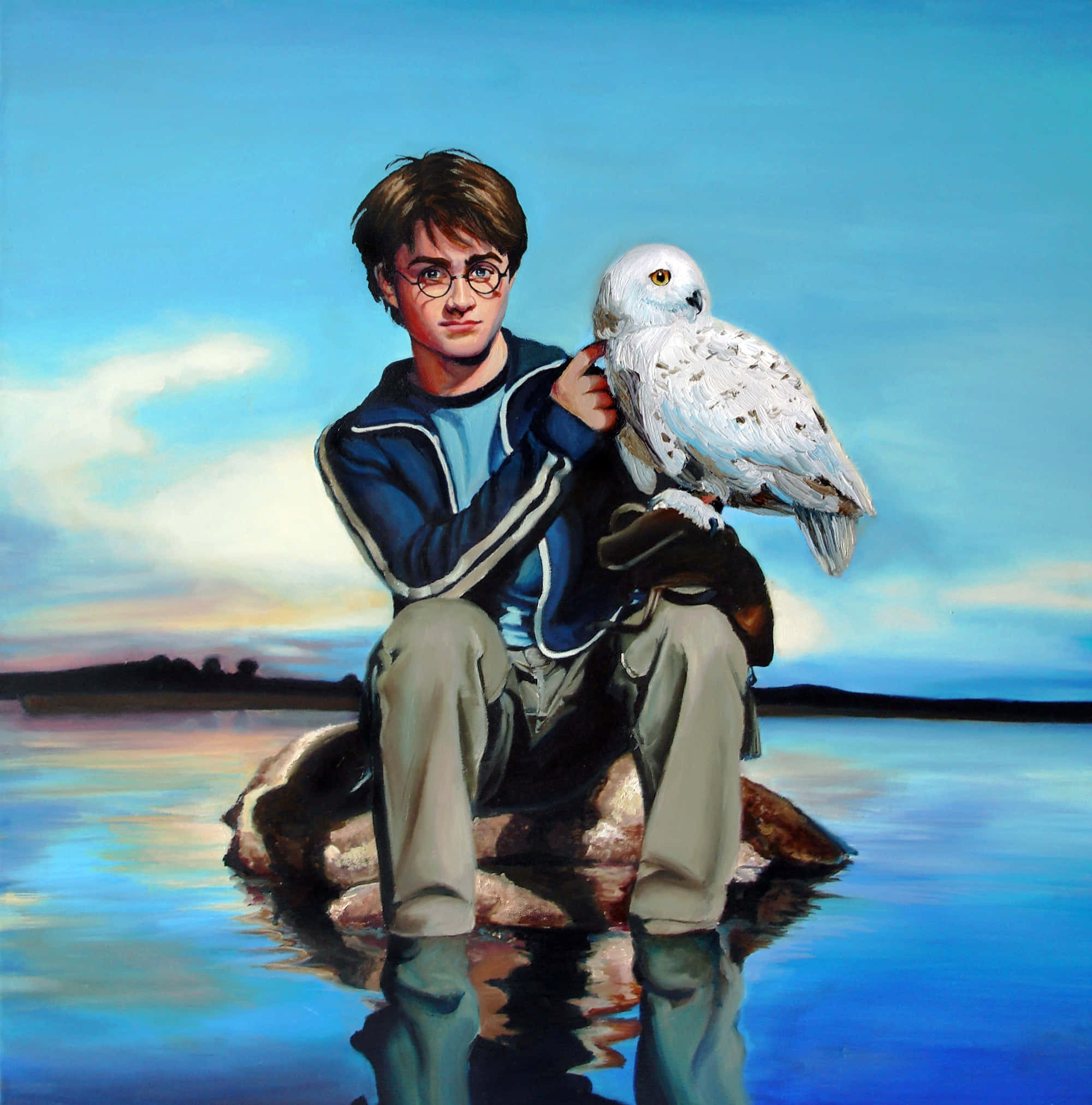 Harry Potter Profile 桌布 壁紙 — 一位戴眼鏡的年輕巫師坐在平靜水中的岩石上，在暮色天空下抱著一隻雪鴞。