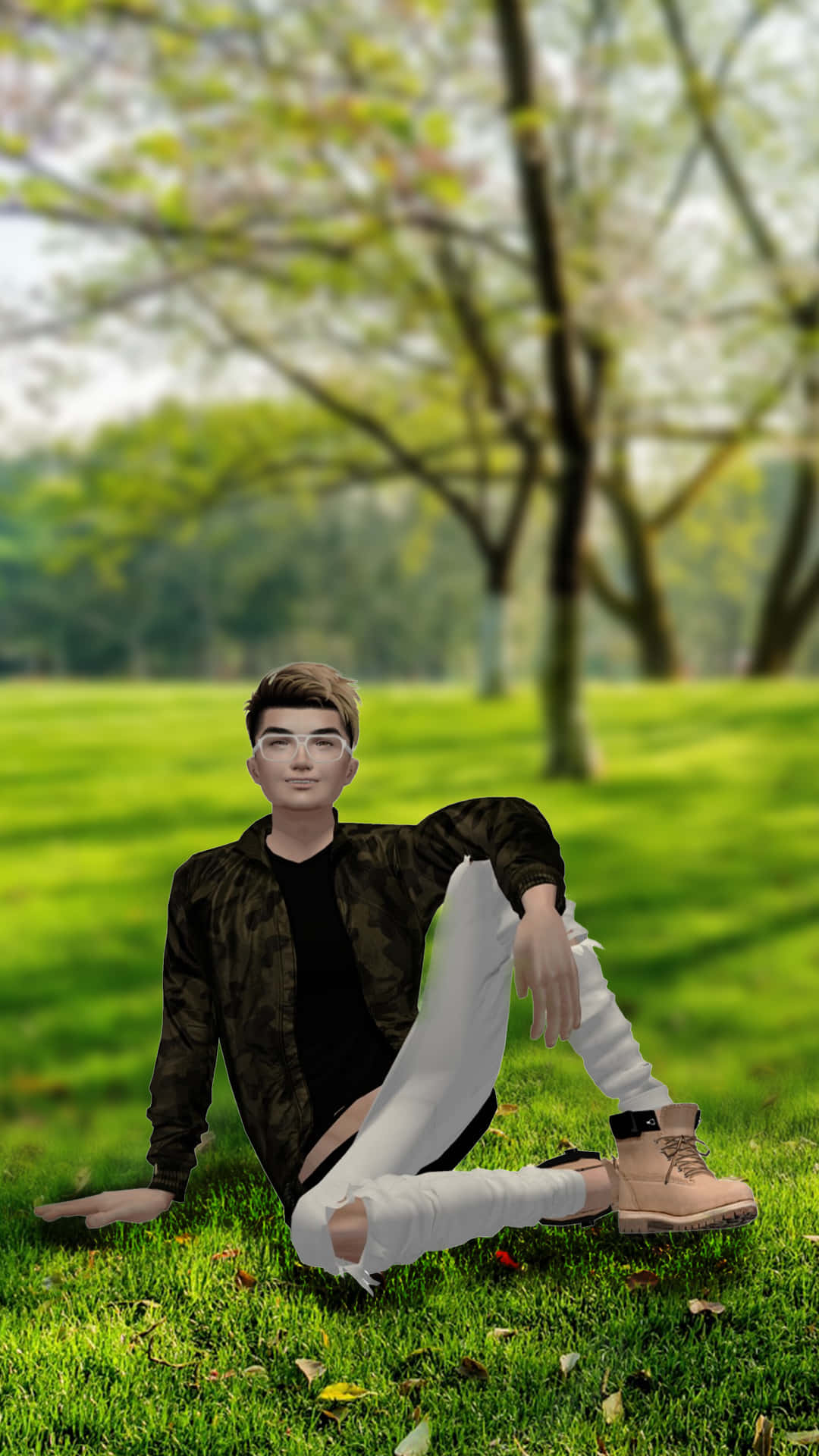 戴眼鏡的年輕男子坐在有樹木的陽光公園草地上。 — 卡通 iPhone 壁紙 壁紙