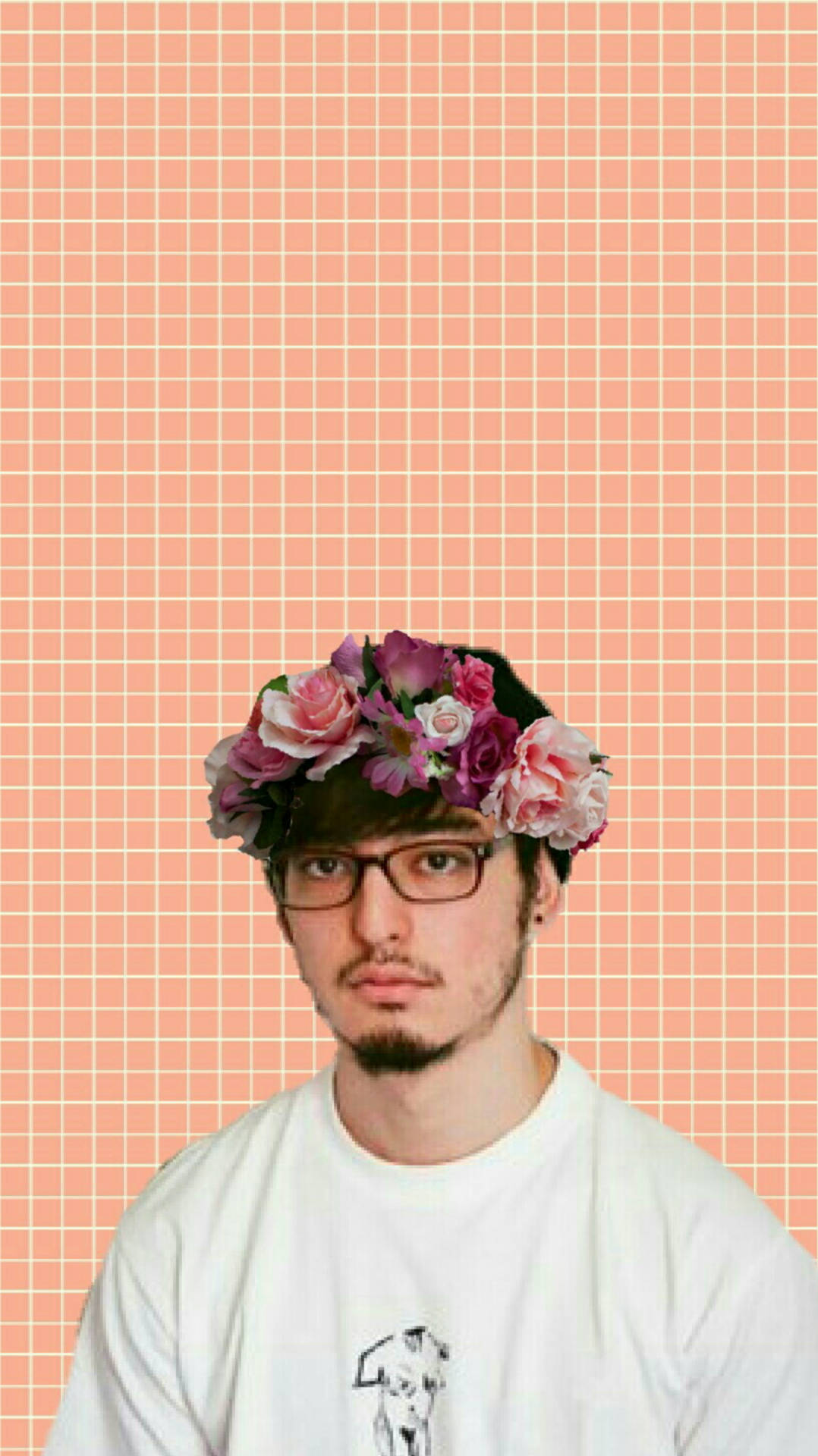 joji 桌布 壁紙 — 一位戴眼鏡的年輕男子戴著粉紅色花冠，背景是桃色網格。