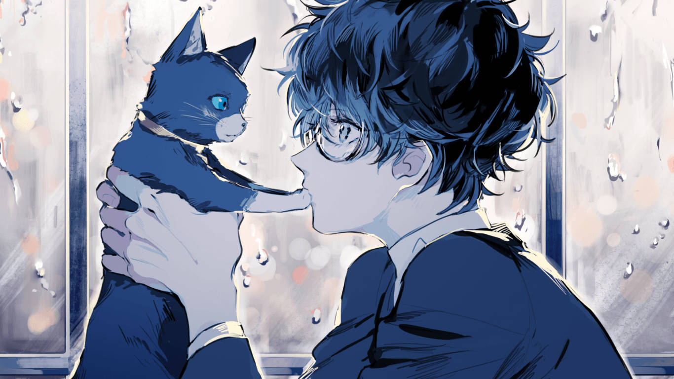 Cute Anime Boy 桌布 壁紙 — 一位戴眼鏡的年輕男子溫柔地抱著一隻藍貓，靠近雨窗，窗外是模糊的城市燈光。