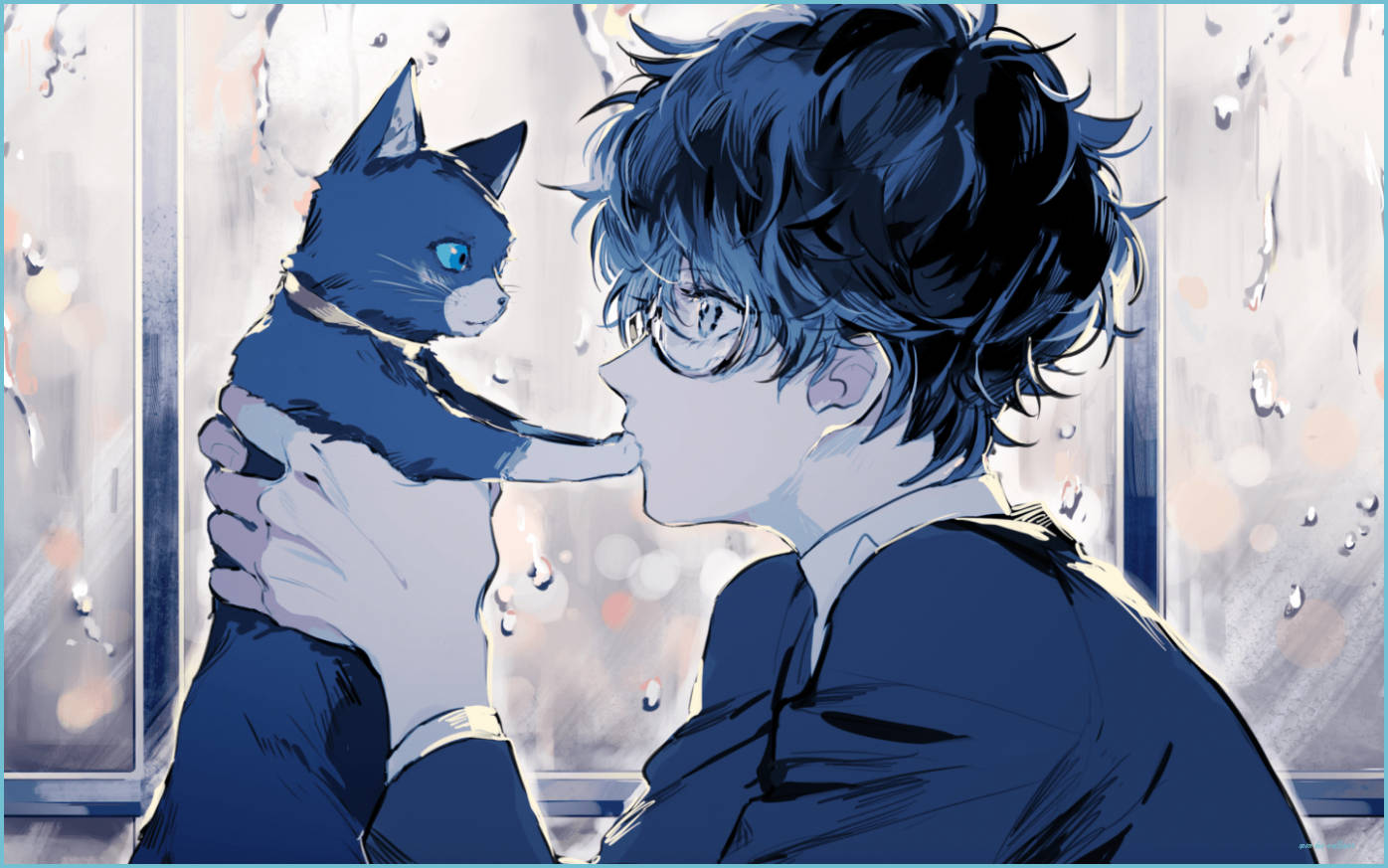 Anime Blue Boy 桌布 壁紙 — 一位戴眼鏡的年輕男子輕輕抱著一隻眼睛發光的藍貓，背景是雨窗和模糊的燈光。
