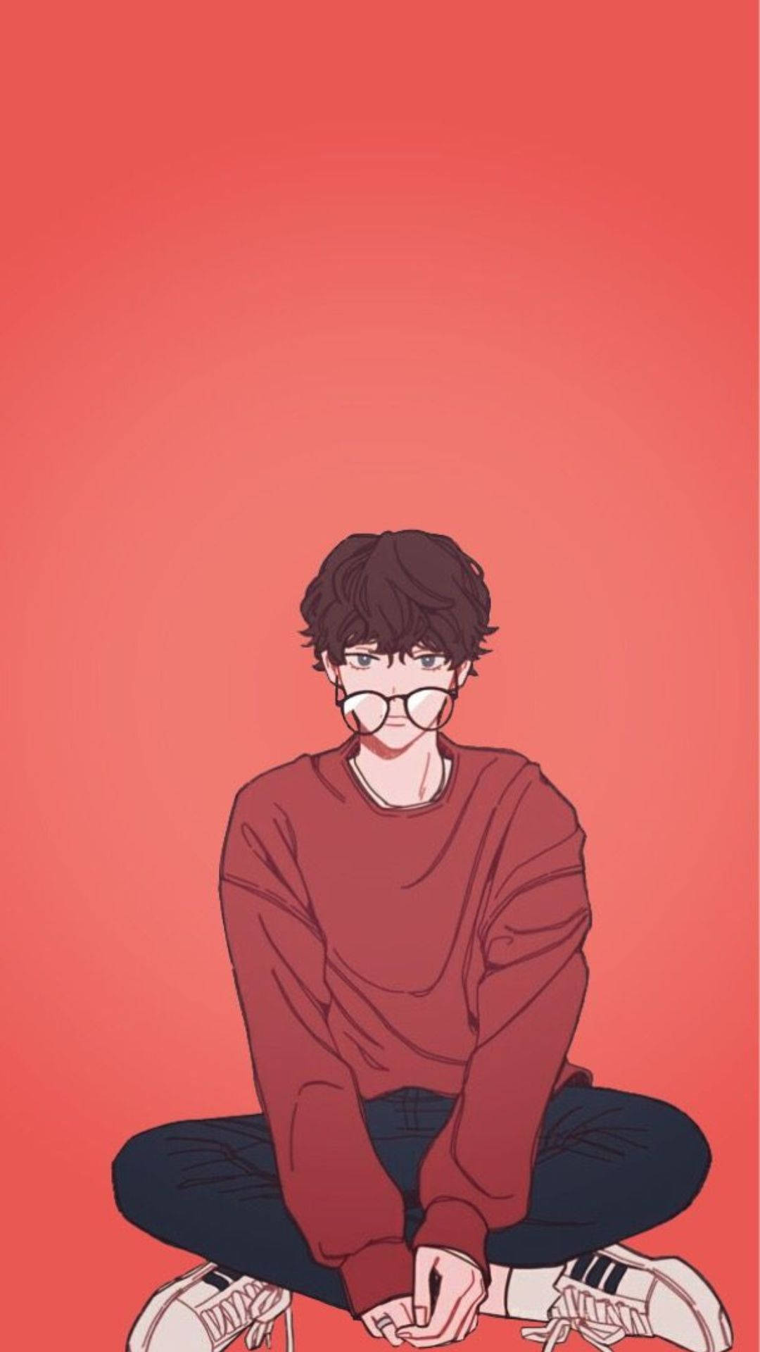Aesthetic Anime Boy 桌布 壁紙 — 一位戴眼鏡的年輕男性以極簡動漫風格，盤腿坐在純珊瑚色背景前。