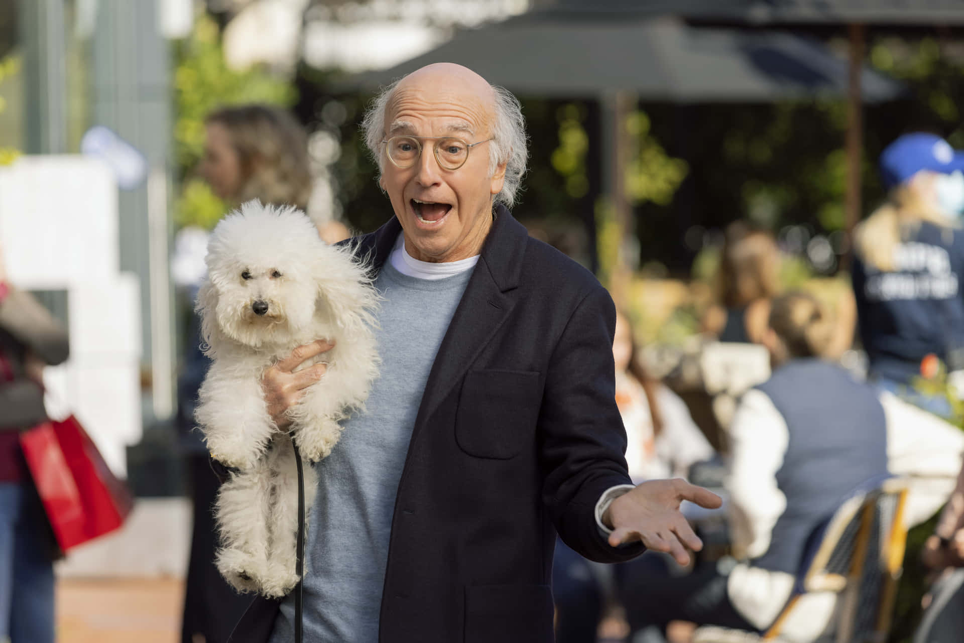 larry david 桌布 壁紙 — 一位戴眼鏡的年長男性抱著一隻毛茸茸的白狗，在戶外露出驚訝的表情。