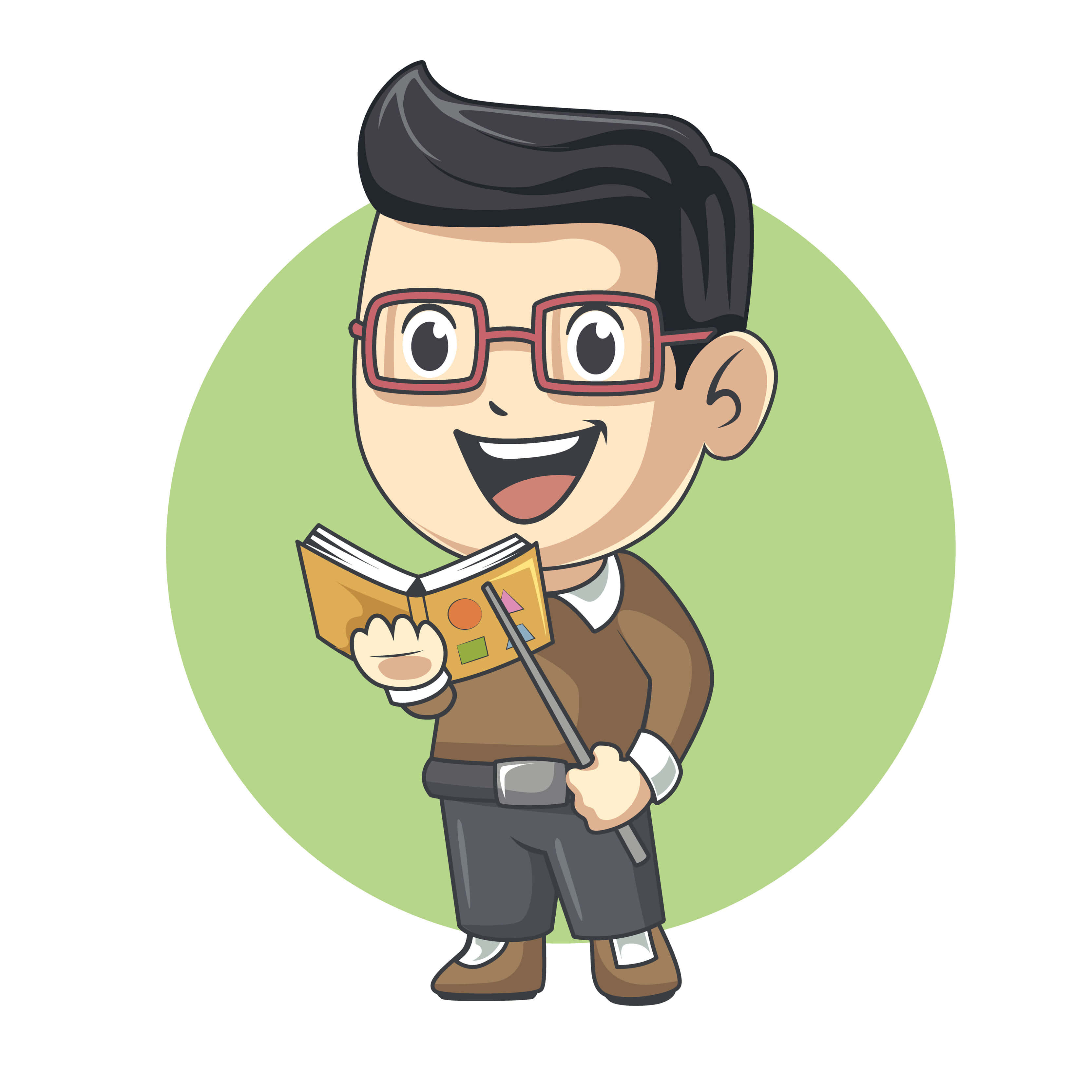 Cartoon 桌布 壁紙 — 一位戴眼鏡的快樂卡通老師，在柔和的綠色圓形背景上拿著一本書和一支教鞭。