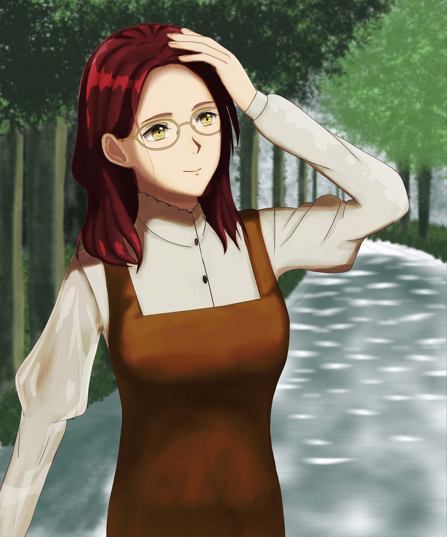 Isabella York 桌布 壁紙 — 一位戴眼鏡的紅髮動漫女孩站在森林空地上，手放在頭上，身穿白色襯衫外搭棕色圍裙。