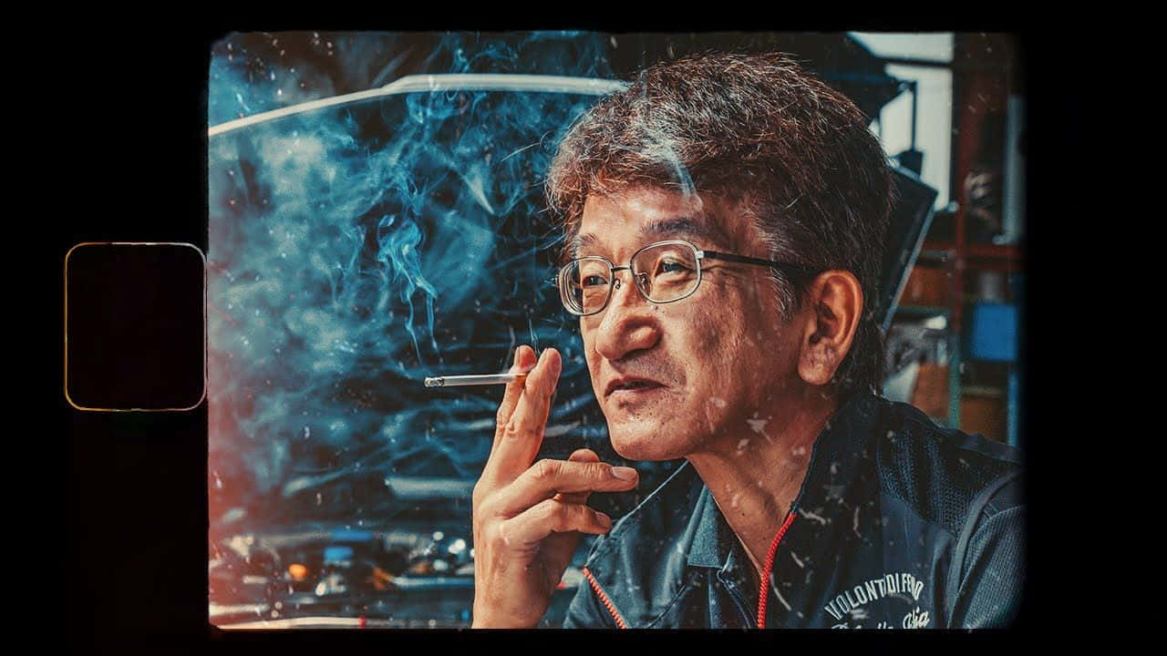 人像動態 桌布 壁紙 — 一位戴眼鏡的較年長男性在模糊的城市背景下吸煙，藍色煙霧在他周圍旋轉。