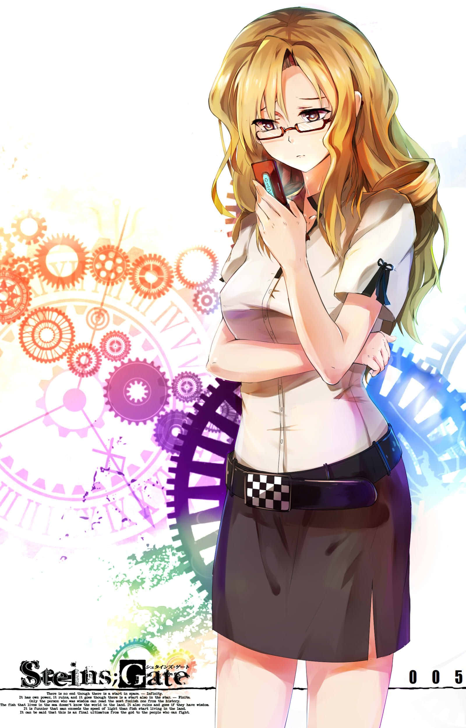 Moeka Kiryu 桌布 壁紙 — 一位戴眼鏡的金髮動漫女孩，在充滿活力的齒輪和時鐘背景前拿著手機。
