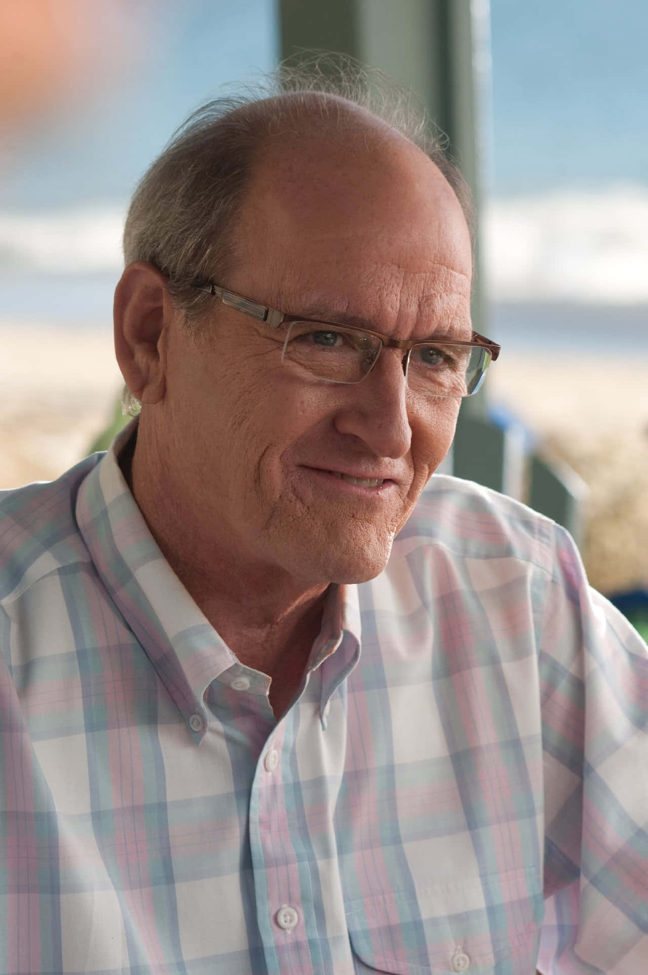 Richard Jenkins 桌布 壁紙 — 一位戴眼鏡的長者穿著粉彩格紋襯衫，在明亮的戶外背景下溫暖地微笑。