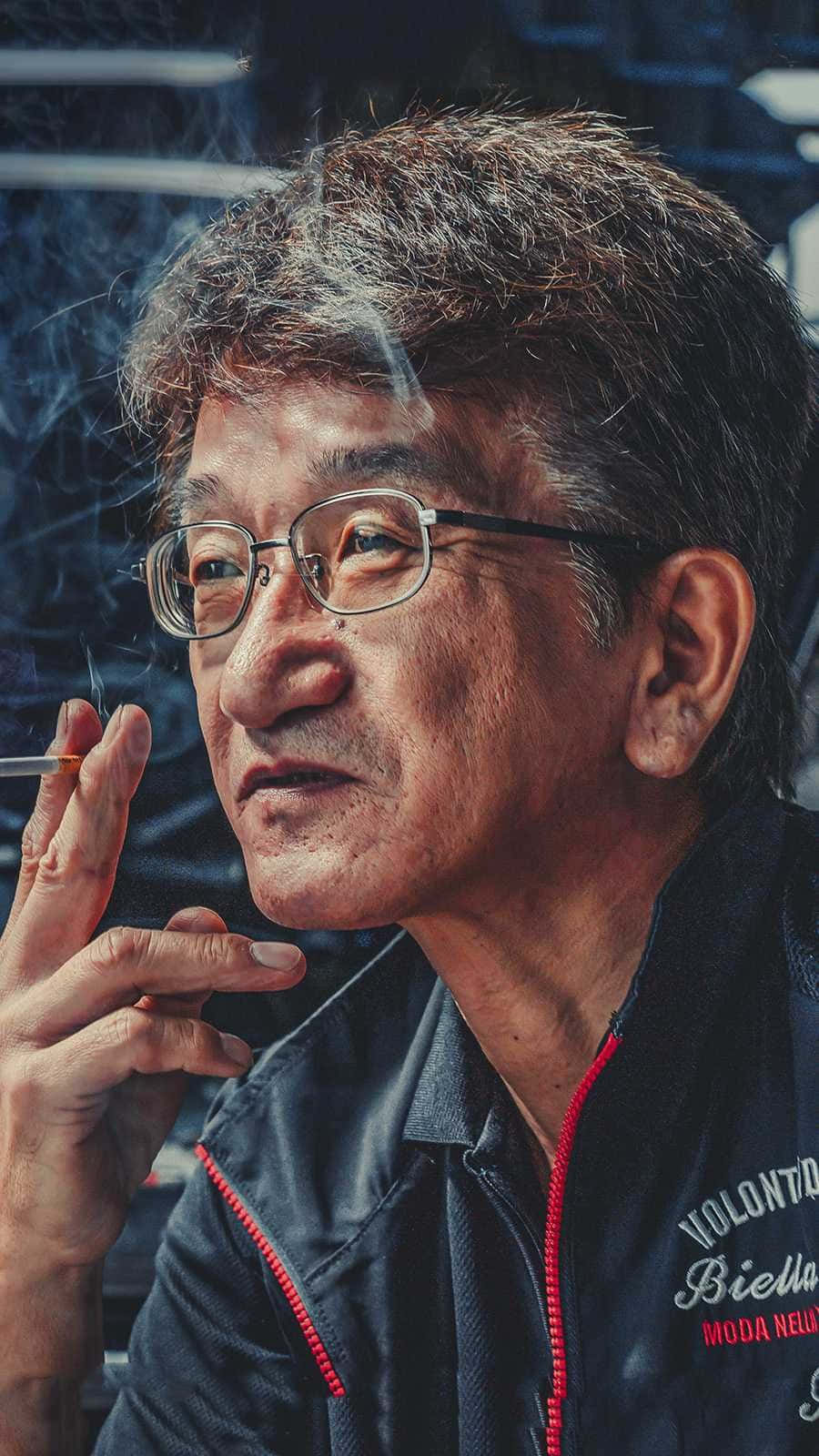 人像動態 桌布 壁紙 — 一位戴眼鏡的長者近距離肖像，在黑暗模糊的背景中吸煙。