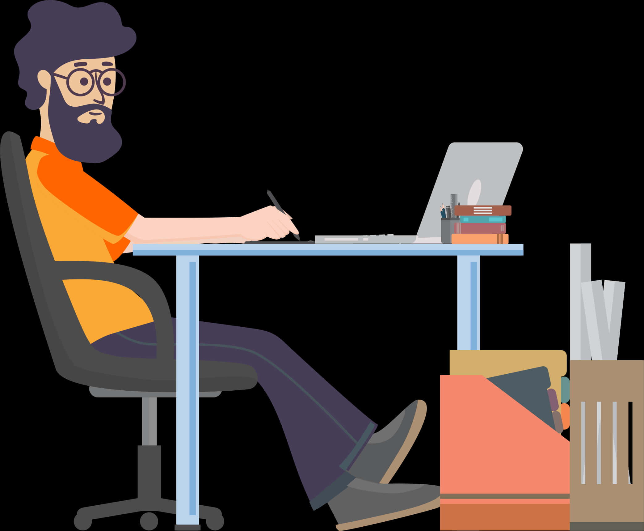 Graphics Design 桌布 壁紙 — 一位戴眼鏡的鬍鬚男坐在書桌前，使用筆記型電腦和筆，周圍是書籍和文件。