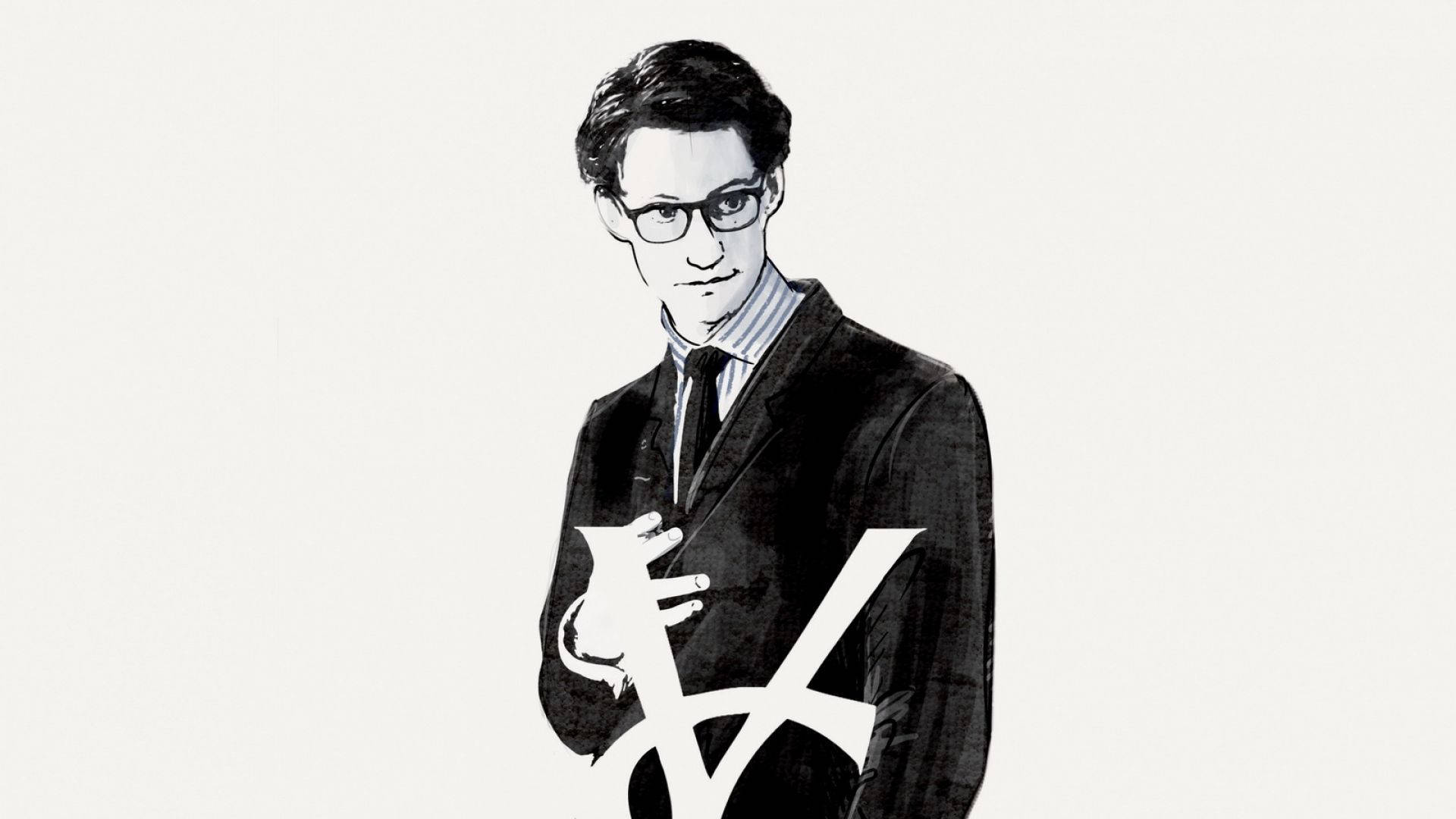Ysl 桌布 壁紙 — 一位戴眼鏡穿西裝的時尚男士，在極簡的米白色背景上拿著一個大膽的白色標誌。