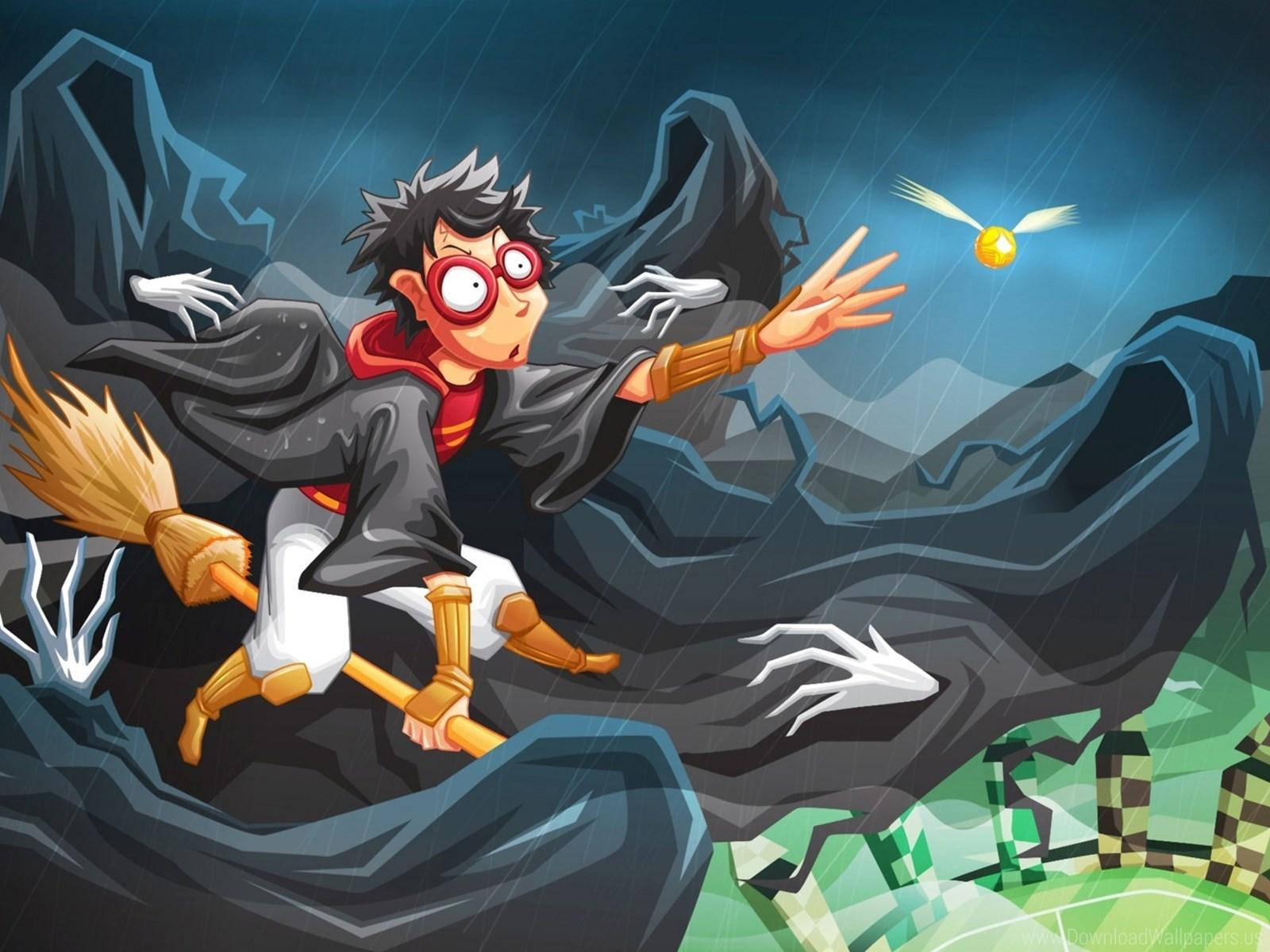 動漫 桌布 壁紙 — 一位戴眼鏡穿長袍的年輕巫師騎著掃帚在暴風雨的山間夜晚追逐金色飛賊。
