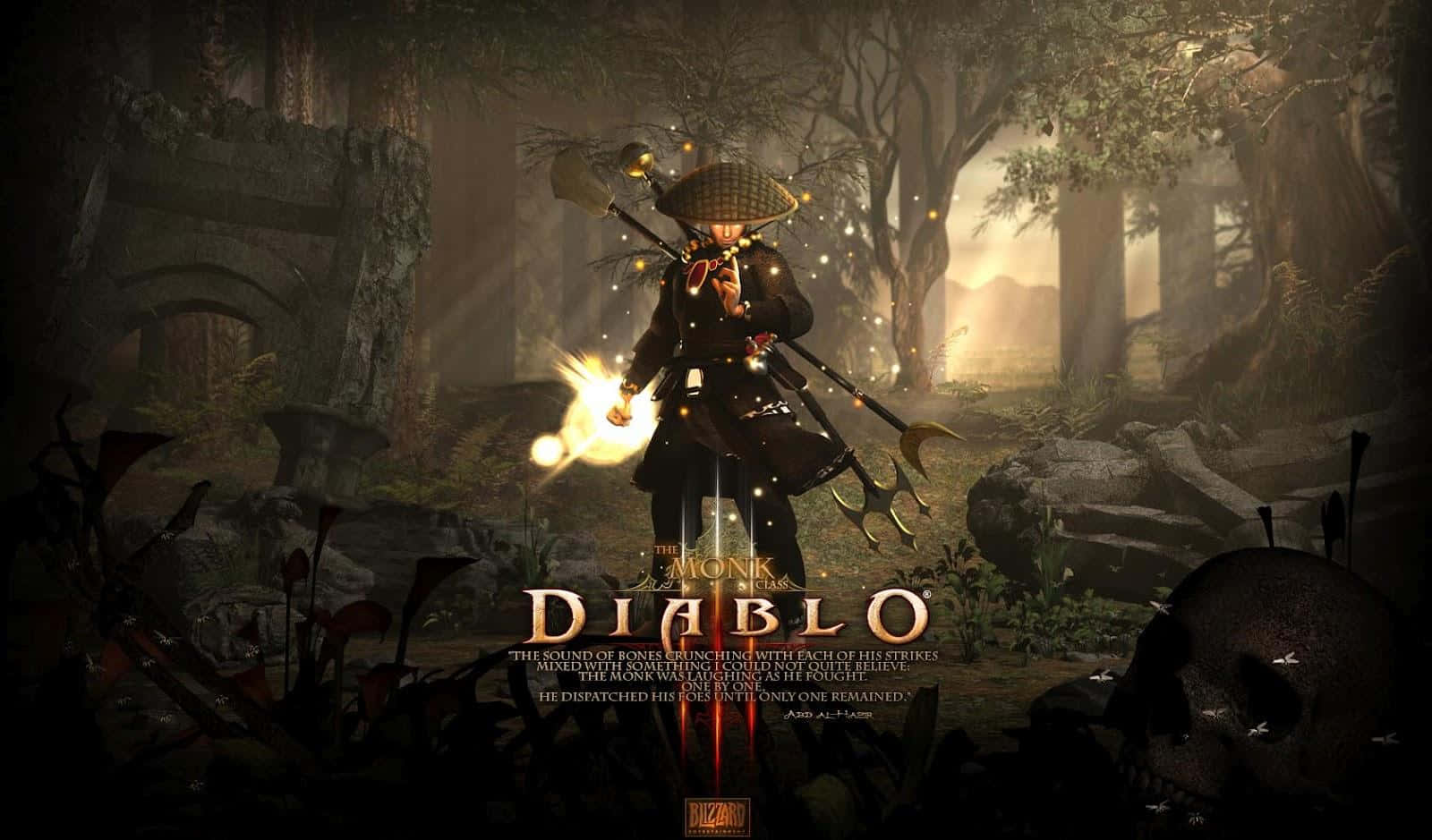 Diablo 2 Resurrected 桌布 壁紙 — 一位戴竹帽的僧侶戰士在廢墟和迷霧森林中揮舞發光武器，前景有一個頭骨。