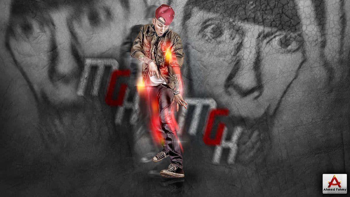 mgk 桌布 壁紙 — 一位戴紅帽、散發紅色光芒的風格化舞者，在佈滿褪色面孔和醒目紅色塗鴉的裂牆前擺出姿勢。