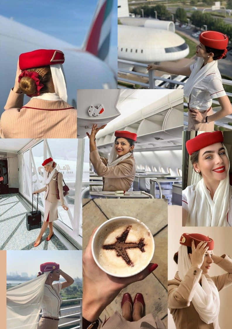 Aircraft 桌布 壁紙 — 一位戴紅帽、穿米色制服的女空服員在飛機附近擺姿勢，手持飛機形狀的拉花藝術的拼貼畫。
