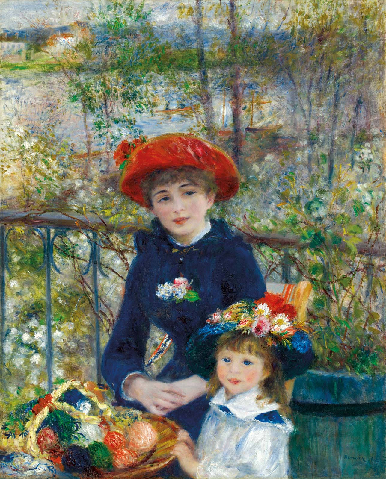 Renoir 桌布 壁紙 — 一位戴紅帽的女人和一個戴花冠的小孩坐在陽台上，旁邊放著一籃色彩繽紛的毛線，俯瞰著河邊盛開的樹木。