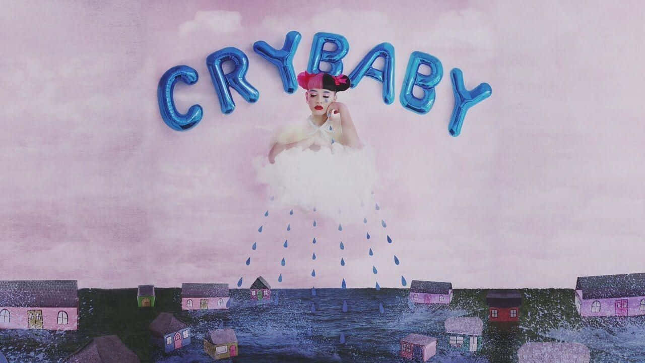 Melanie Martinez Aesthetic 桌布 壁紙 — 一位戴紅帽的女人漂浮在雲上，下方是被洪水淹沒的村莊，藍色氣球在粉紅色的天空中拼出「CRYBABY」。