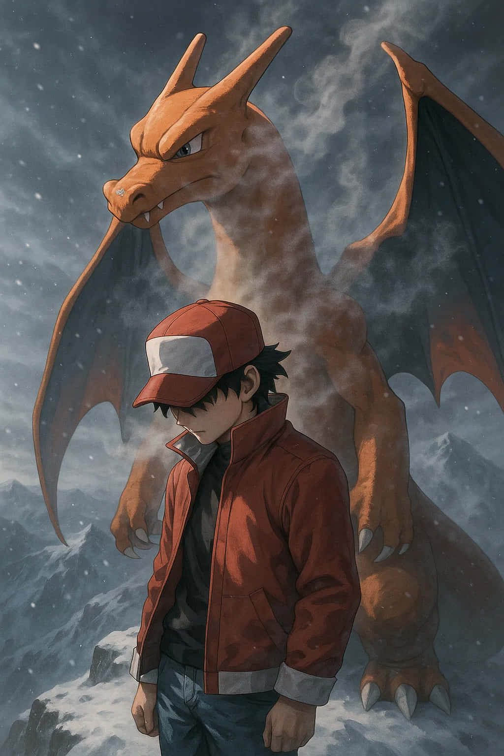 Charizard Pokemon HD Wallpaper WEBP 4K Background Download 壁紙 — 一位戴紅帽的年輕訓練員站在雪山上，旁邊有一條巨大的橙色龍，天空風暴密佈。