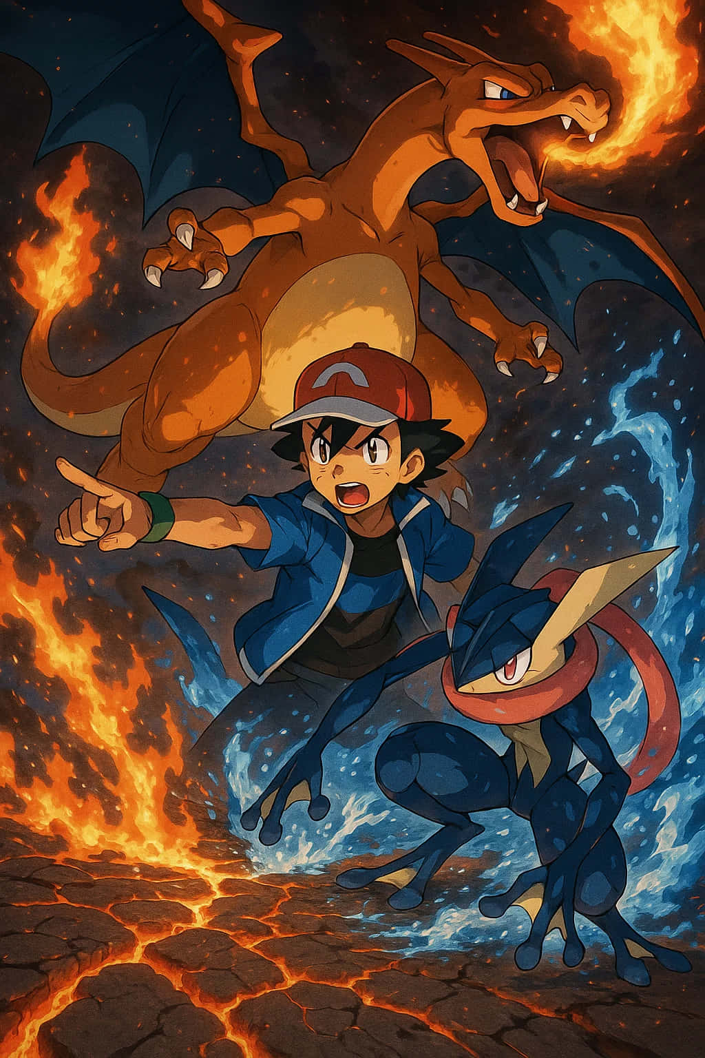 Charizard Pokemon HD Wallpaper WEBP 4K Background Download 壁紙 — 一位戴紅帽的年輕訓練家挑釁地站在噴發的熔岩和洶湧波濤之間，一頭火熱的噴火龍和一隻水屬性寶可夢之間。