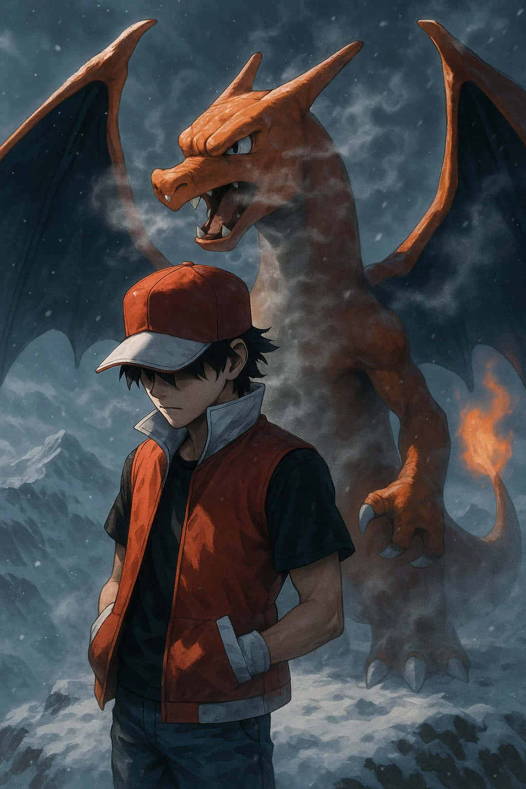 Charizard Pokemon HD Wallpaper WEBP 4K Background Download 壁紙 — 一位戴紅帽穿紅背心的年輕訓練家，在雪山背景下，堅定地站在一頭咆哮的橙色黑翼龍旁邊。
