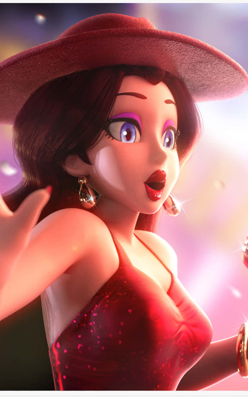 Pauline 桌布 壁紙 — 一位戴紅帽穿紅裙的驚訝動漫女性，在發光的粉紅和紫色背景下向上凝視。