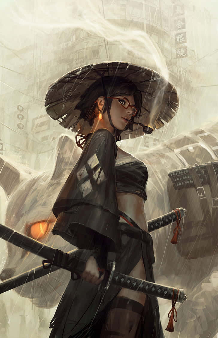 Female Samurai 桌布 壁紙 — 一位戴紅色眼鏡的女武士在霧氣瀰漫的城市小巷中，於被雨淋濕的雨傘下握著一把刀。