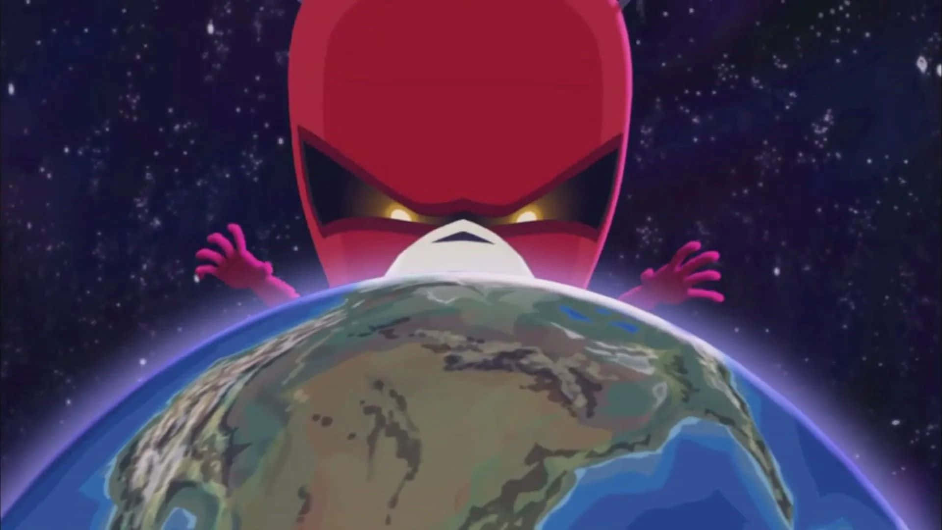 The League Of Super Evil 桌布 壁紙 — 一位戴紅色面具、眼睛發光的動漫超級英雄，在繁星點點的宇宙背景下懸浮在地球上空。