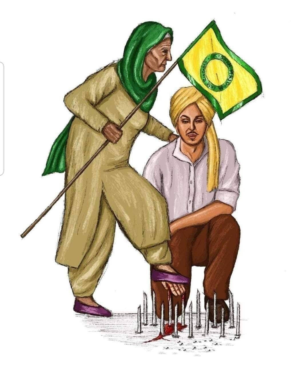 Shaheed Bhagat Singh 桌布 壁紙 — 一位戴綠色頭巾的插畫女性站在一個跪著、手持巴西國旗的男人上方，釘子刺穿他的腳，血滴落下。