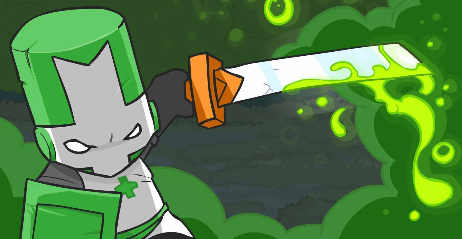 Castle Crashers 桌布 壁紙 — 一位戴綠色頭盔的騎士在旋轉的綠色迷霧中揮舞著發光的劍，呈現卡通風格的數位戰鬥場景。