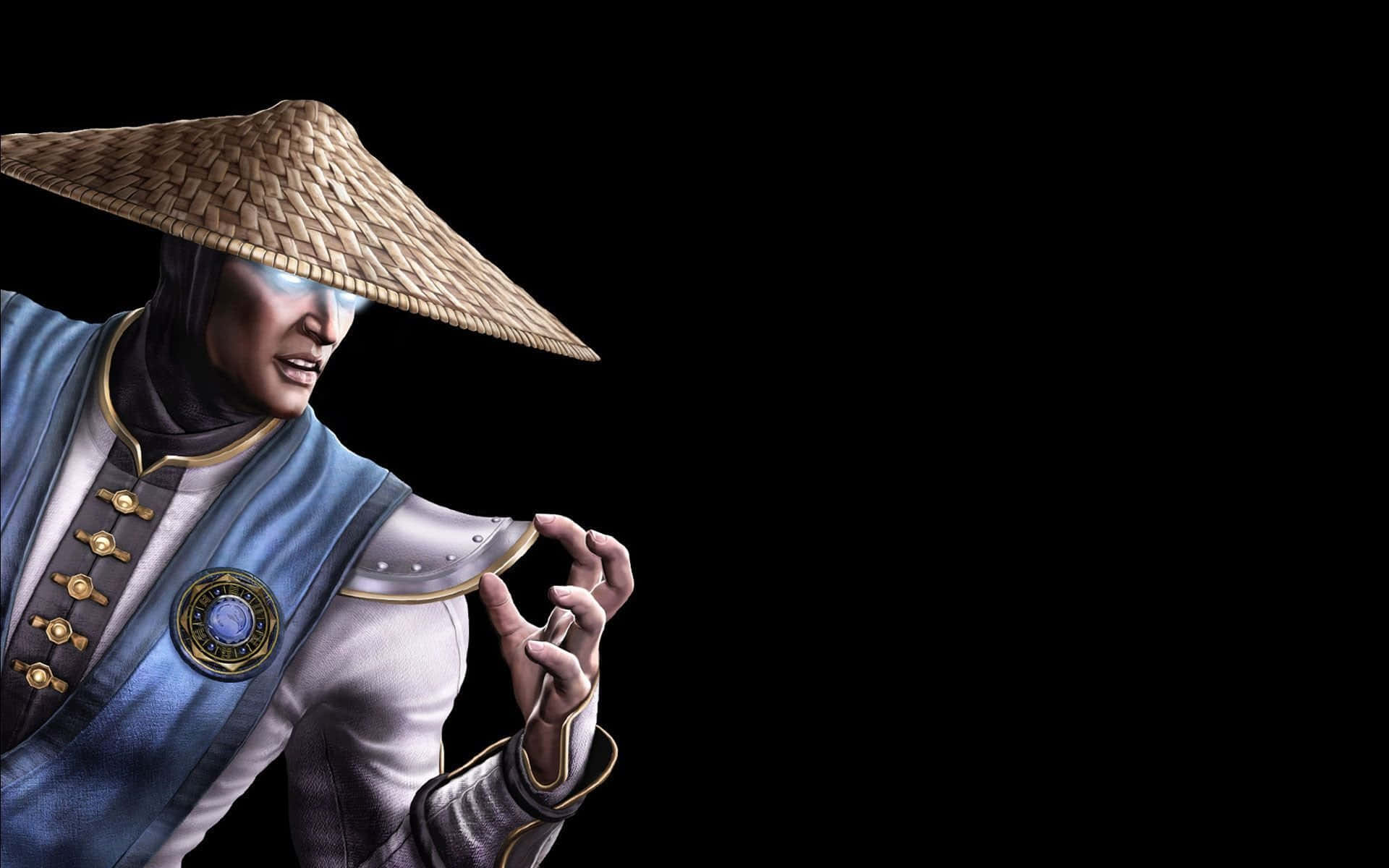 Mortal Kombat Raiden 桌布 壁紙 — 一位戴草帽、穿藍色盔甲的武術家，在純黑背景前擺出架勢。