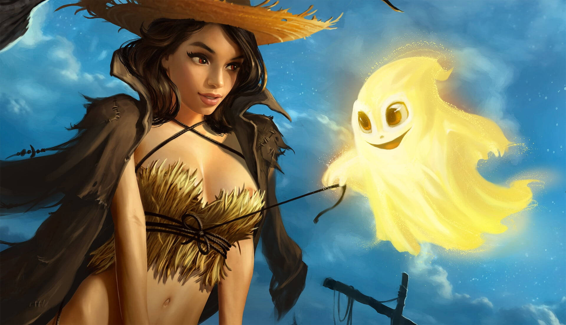 Cute Halloween Desktop 桌布 壁紙 — 一位戴草帽和羽毛上衣的女性，在明亮的藍天白雲下，手持一個發光的黃色幽靈。