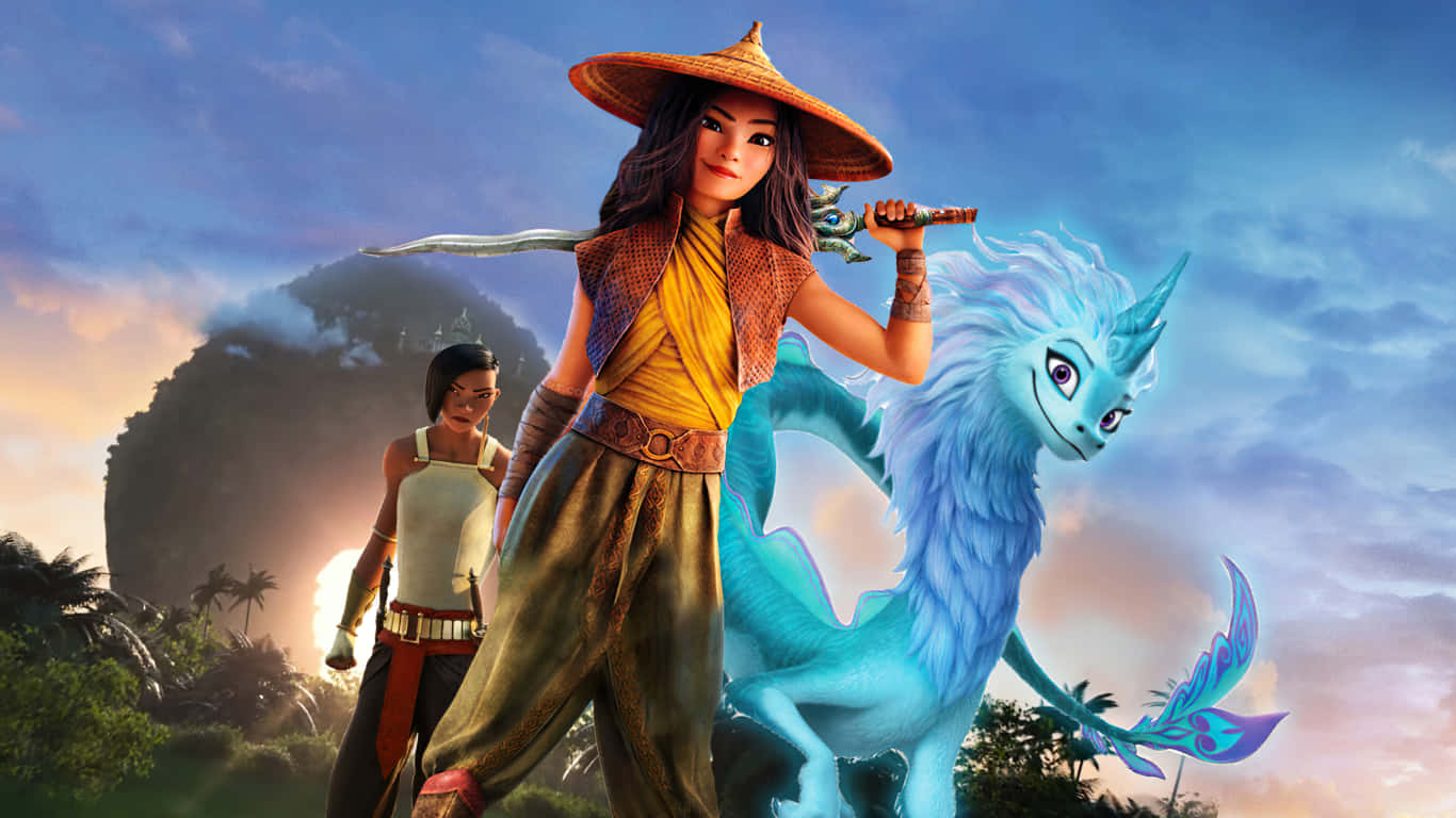 Disney Character 桌布 壁紙 — 一位戴草帽的年輕戰士在熱帶日落背景下，在發光的藍龍旁邊揮舞著劍。