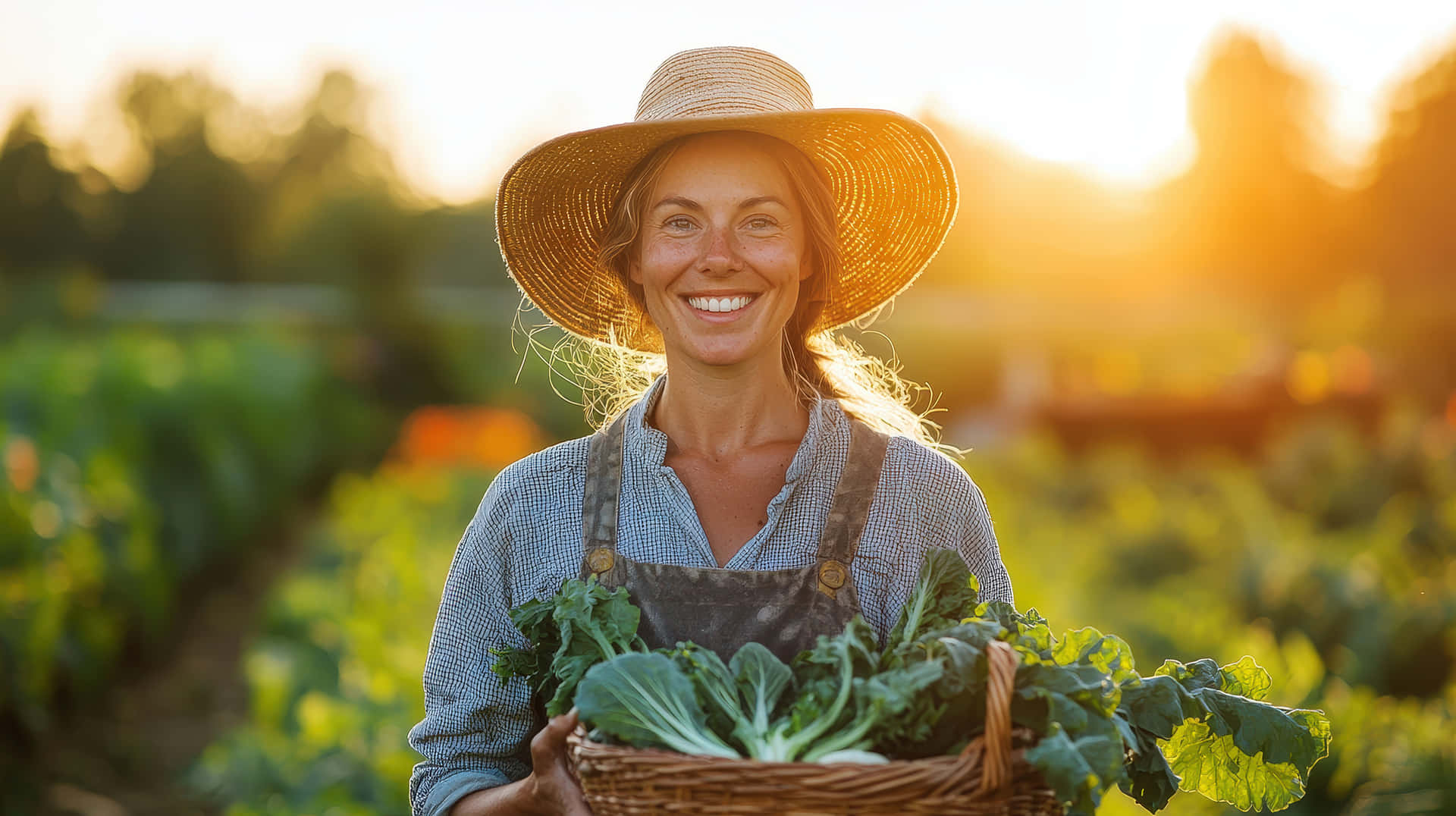 Smiling Female Farmer Holding Fresh Organic Vegetables in a Sunlit Field 壁紙 — 一位戴草帽的微笑女士在陽光明媚的花園中，於黃金時刻拿著一籃新鮮的綠色蔬菜。