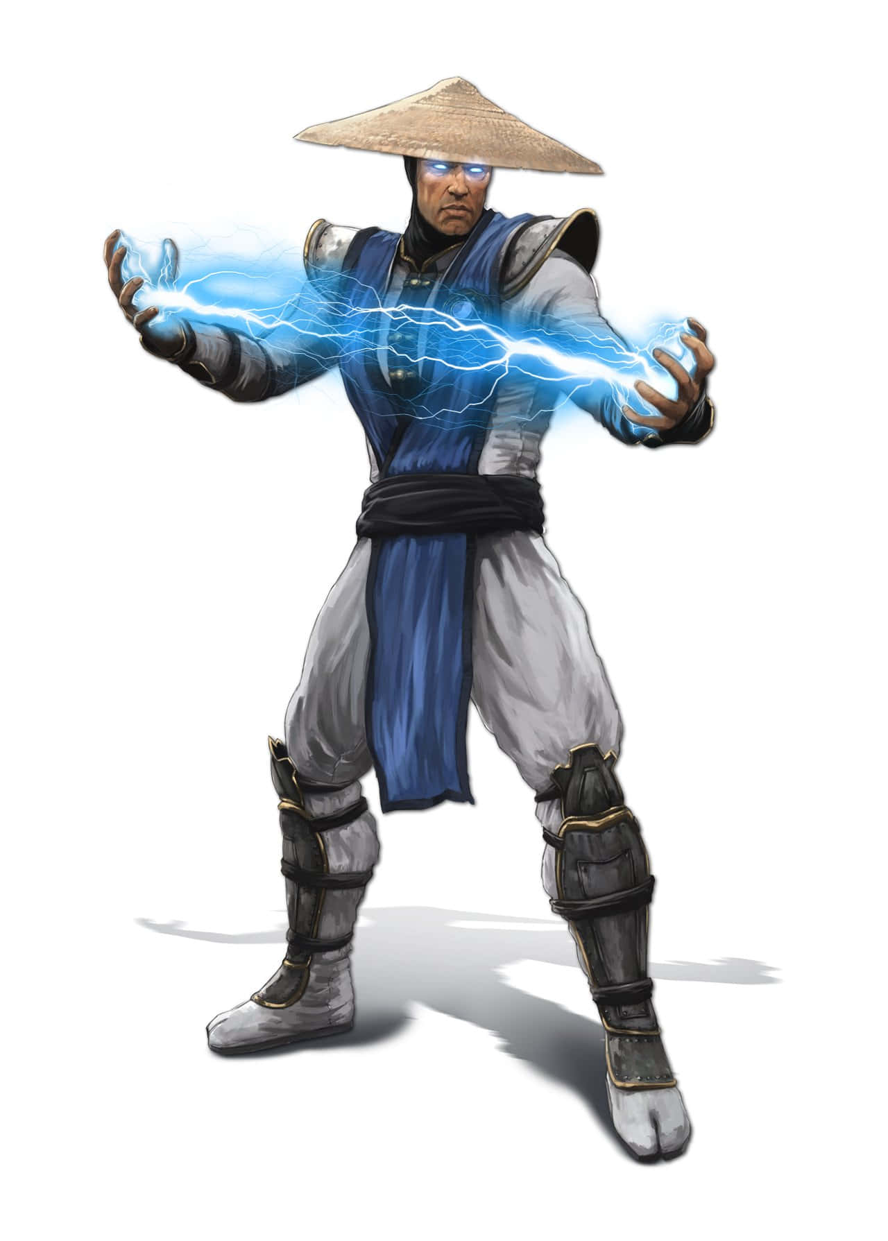 Mortal Kombat Raiden 桌布 壁紙 — 一位戴草帽的武術家，在白色背景前，雙臂伸展，引導藍色閃電於雙掌之間。
