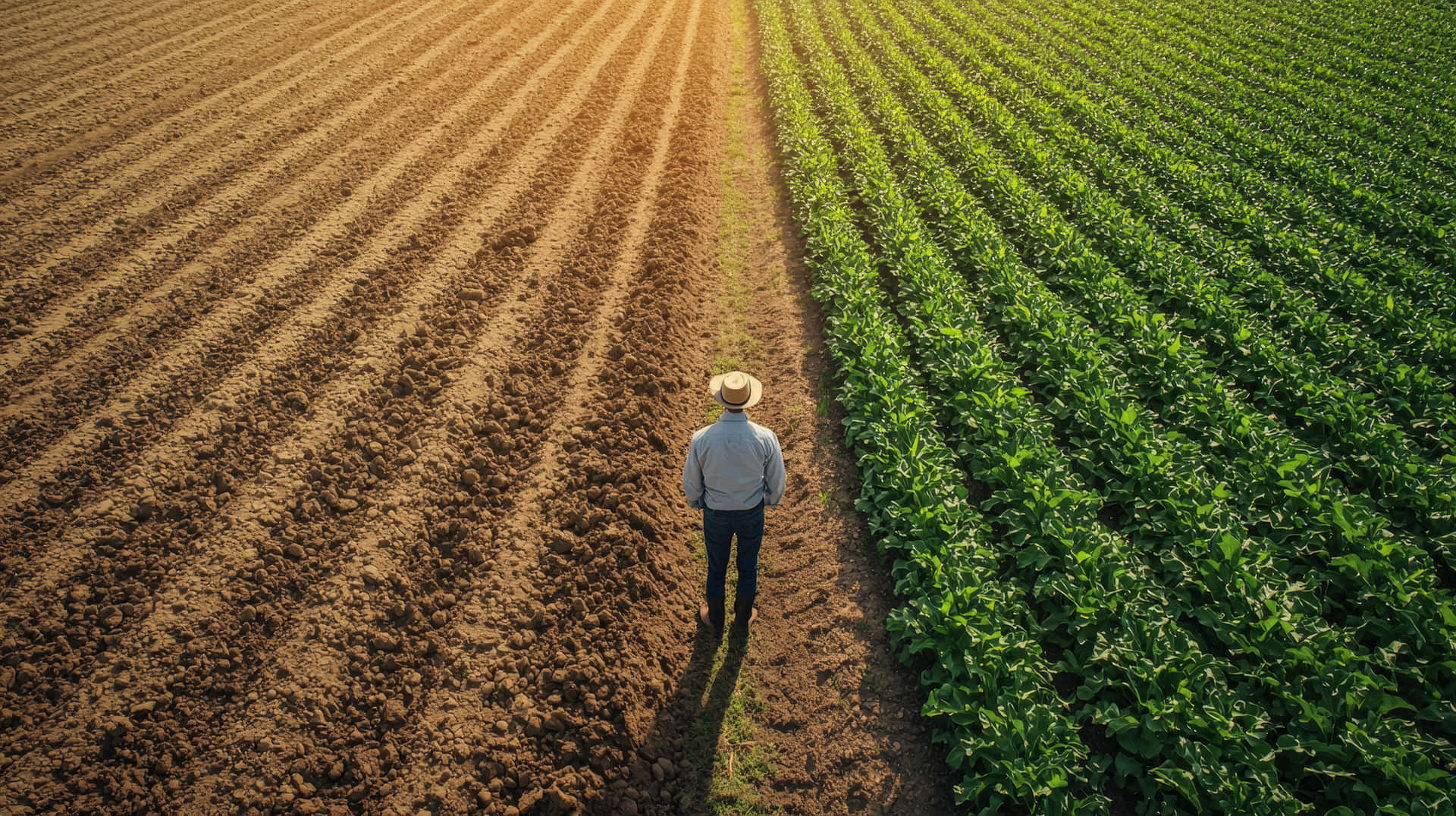 Farmer standing between plowed and green field 壁紙 — 一位戴草帽的農夫在明亮的陽光下，沿著一條泥路走在犁過的棕色田野和茂密的綠色農田之間。