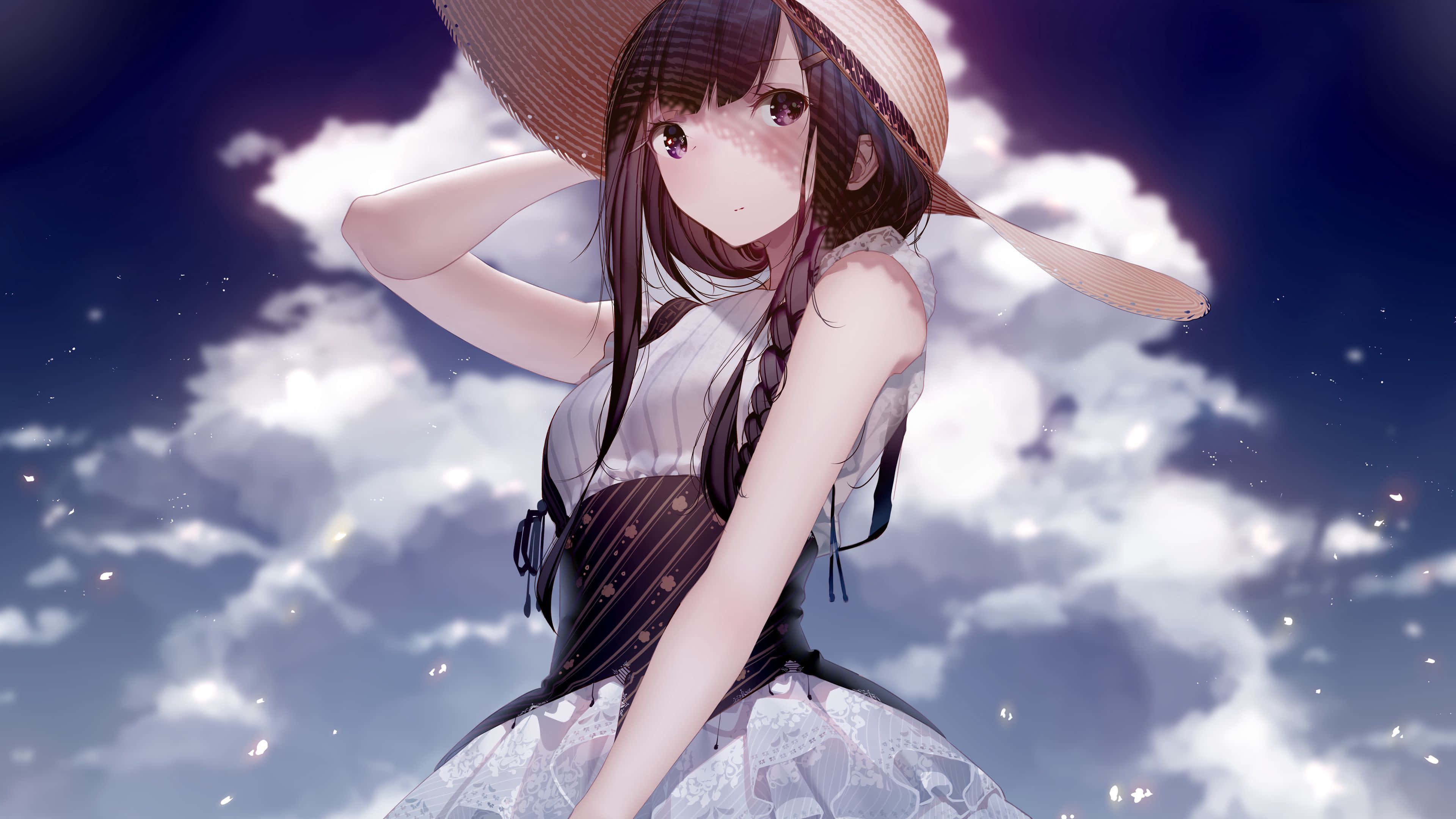 Anime Sky 桌布 壁紙 — 一位戴草帽穿蕾絲裙的年輕動漫女孩站在夢幻般的暮色天空中，充滿柔軟的雲朵和漂浮的閃光。
