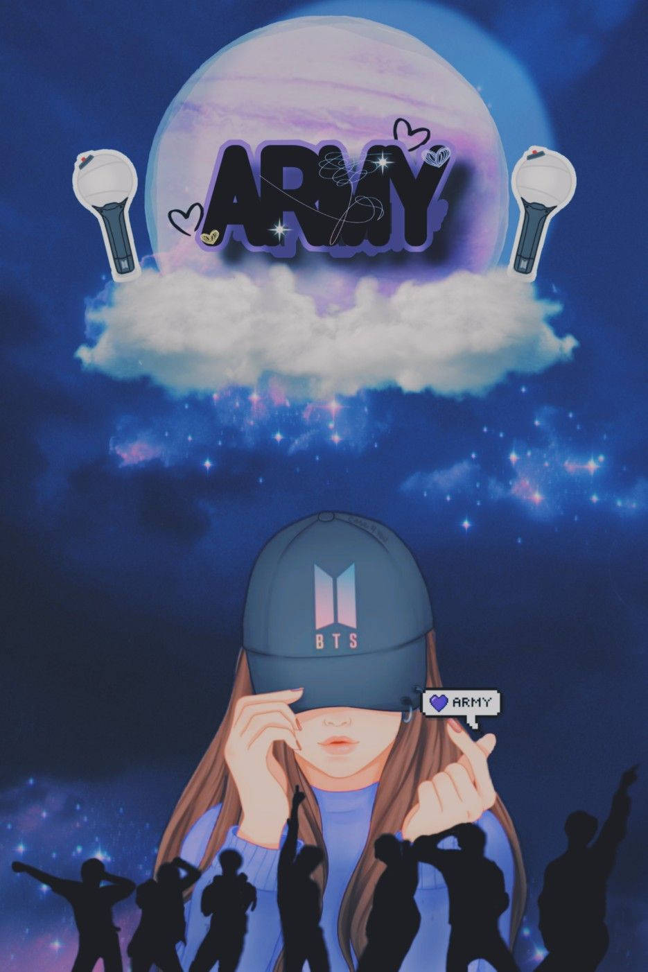 一位BTS粉絲戴著帽子，在星空下與月亮一起歡呼的應援棒和剪影。 — BTS 防彈少年團 粉絲 女孩 GIF 壁紙