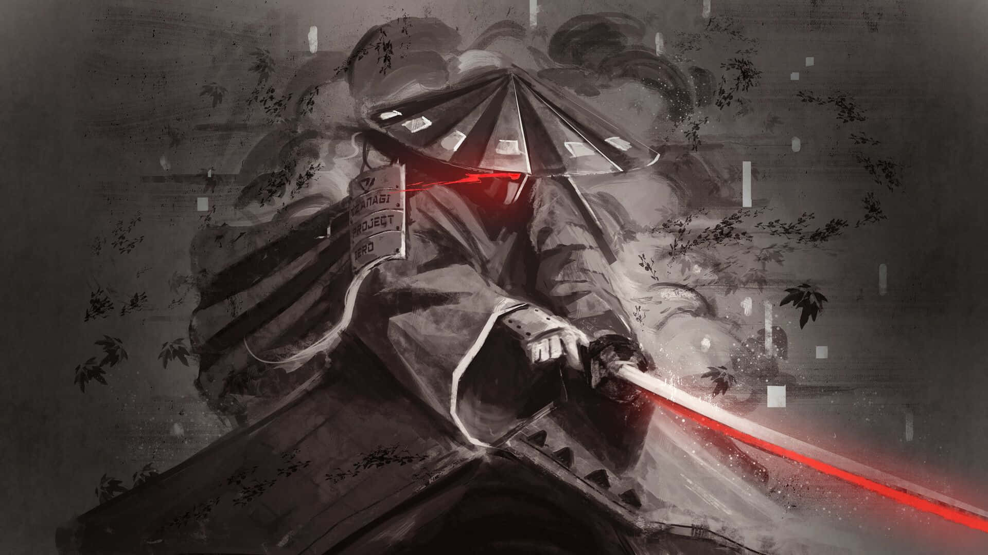 武士動畫 桌布 壁紙 — 一位戴著傳統帽子的蒙面戰士在單色風暴背景下揮舞著發光的紅色光劍。